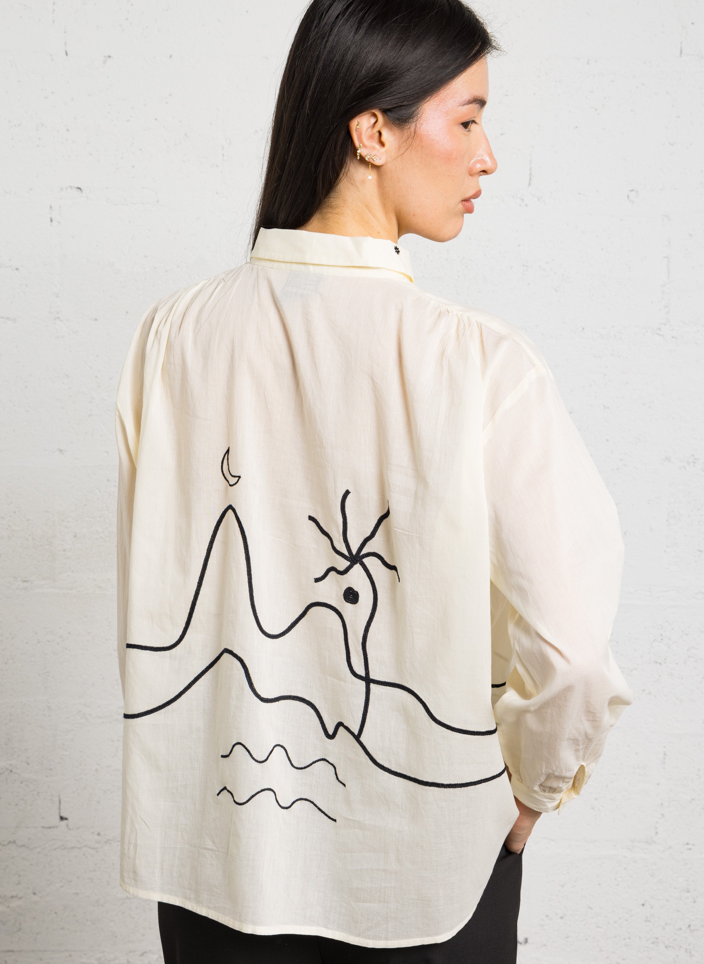 Straight embroidered cotton shirt with classic collar SACRECOEUR Black