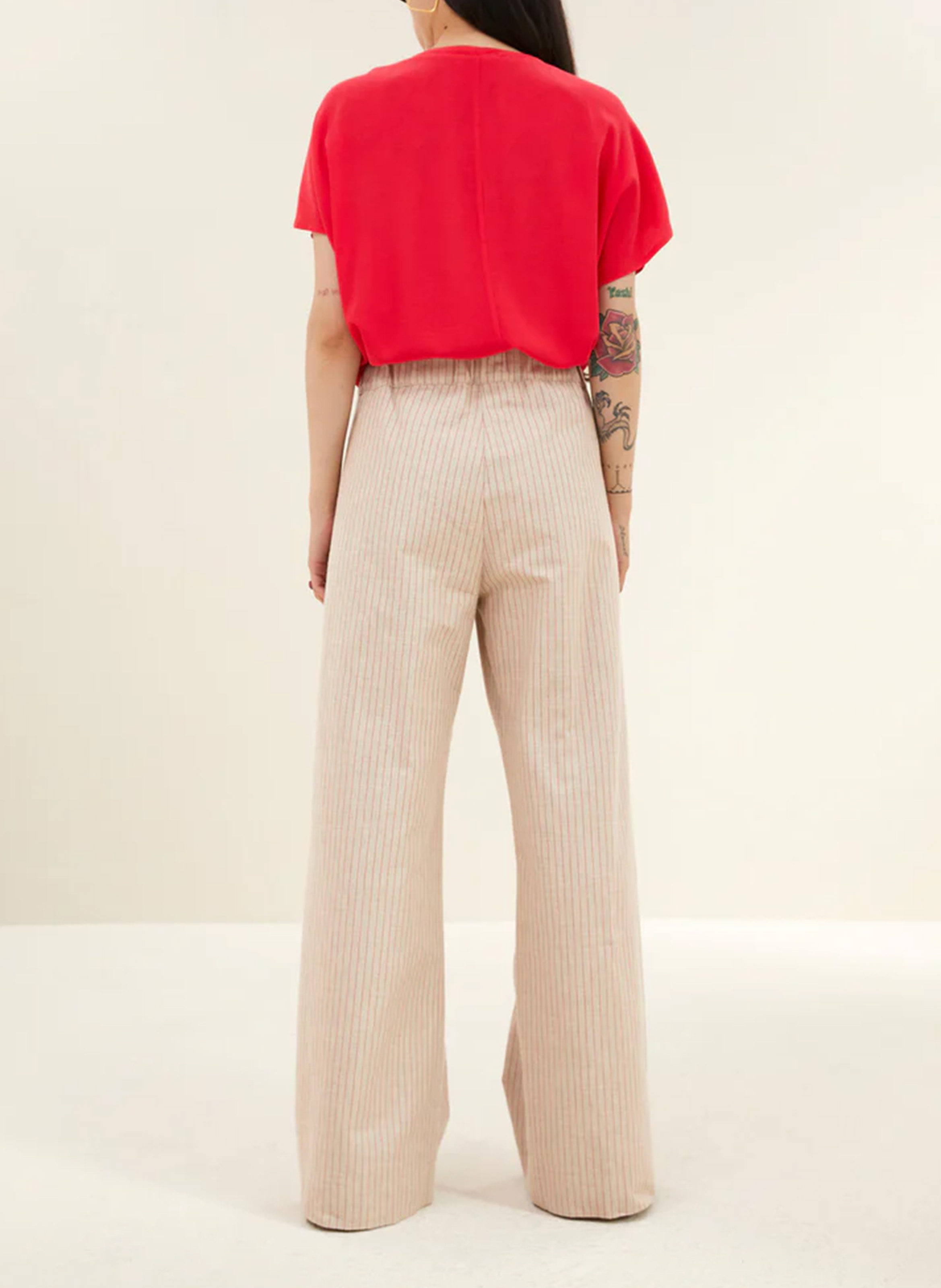 Pantalon taille haute large rayé BY BAR Rouge