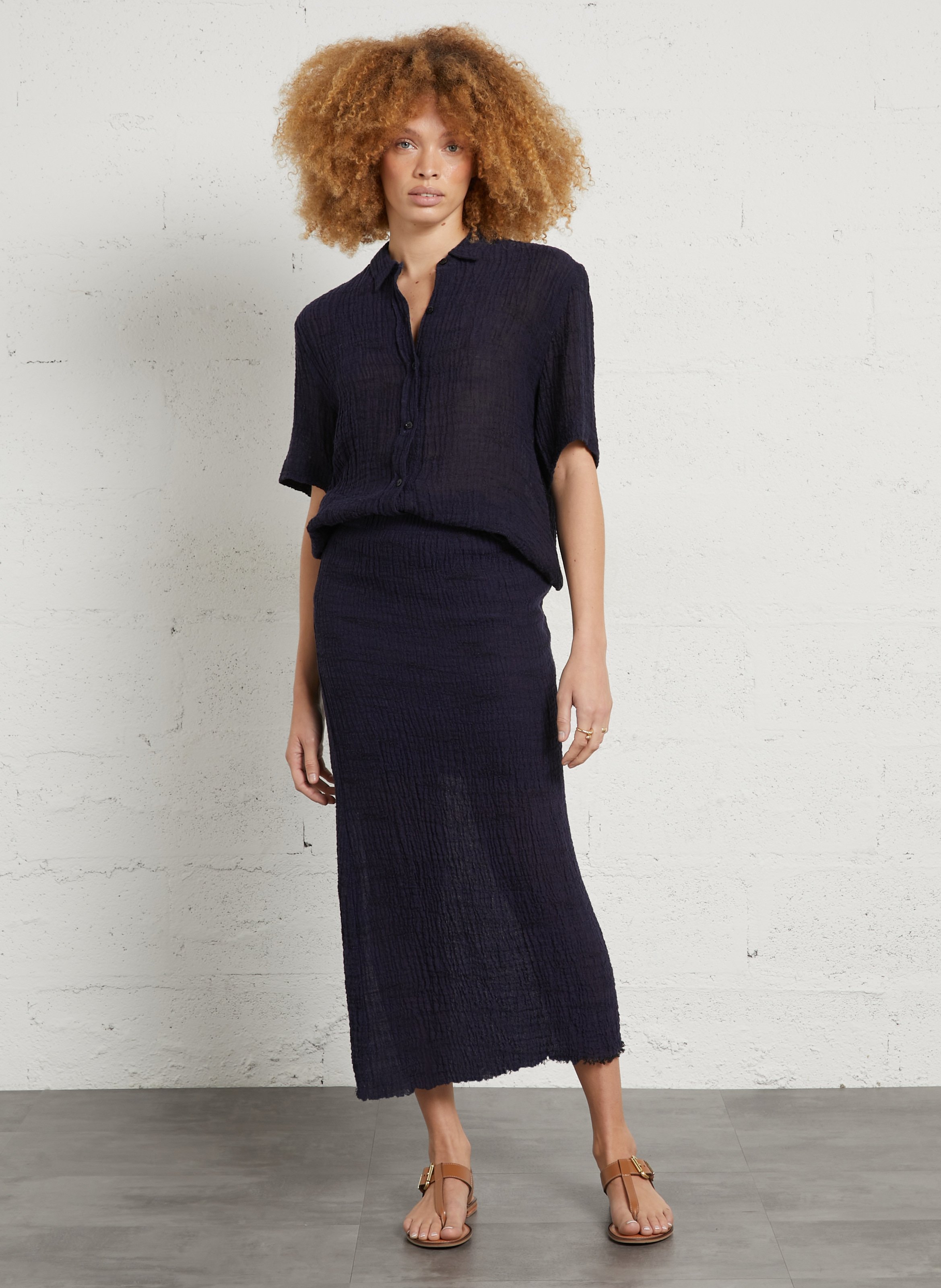Rechte linnenmix blouse met textuur MASSCOB Blauw