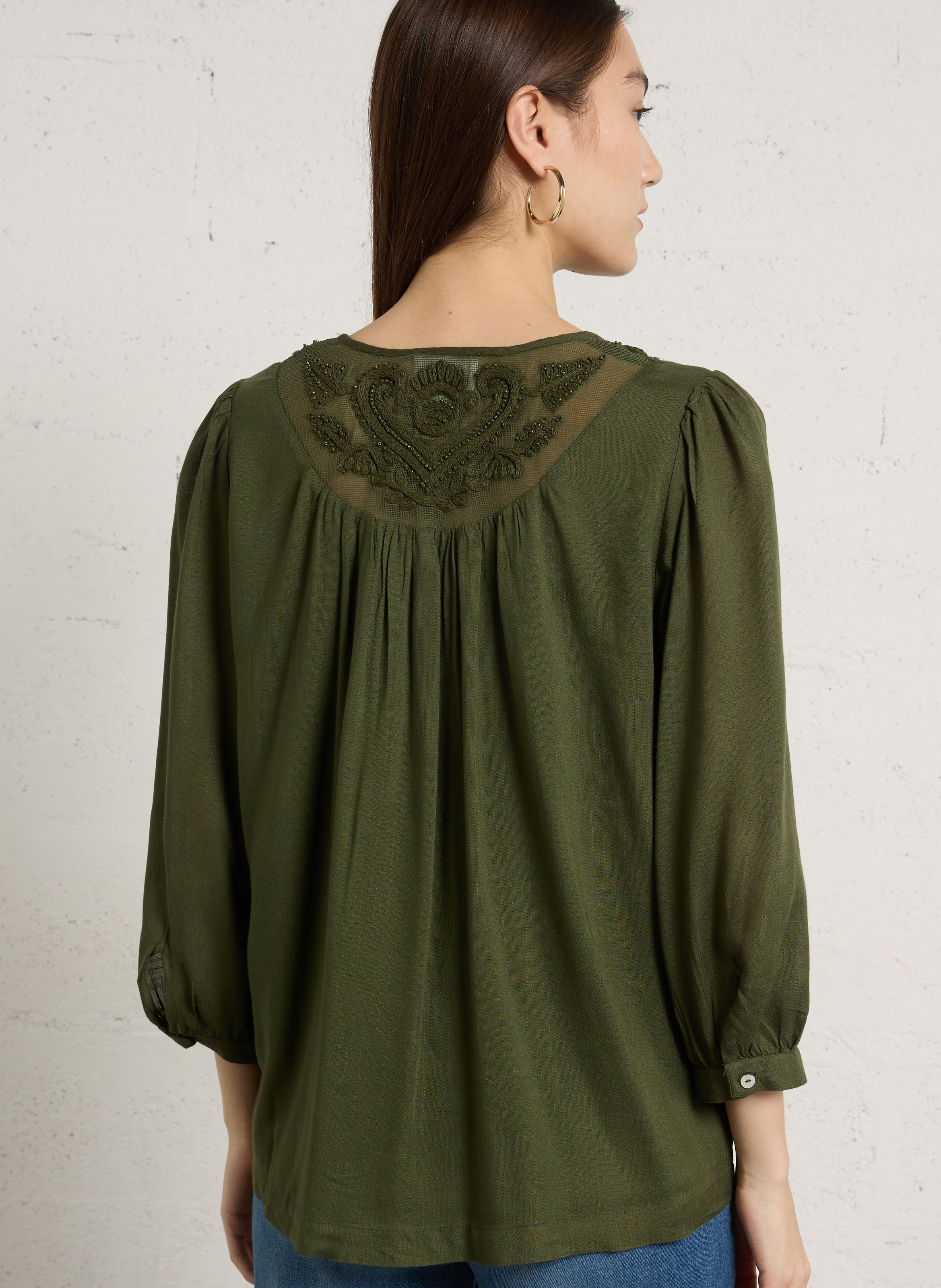 Embroidered V-neck blouse MAISON 123 Khaki