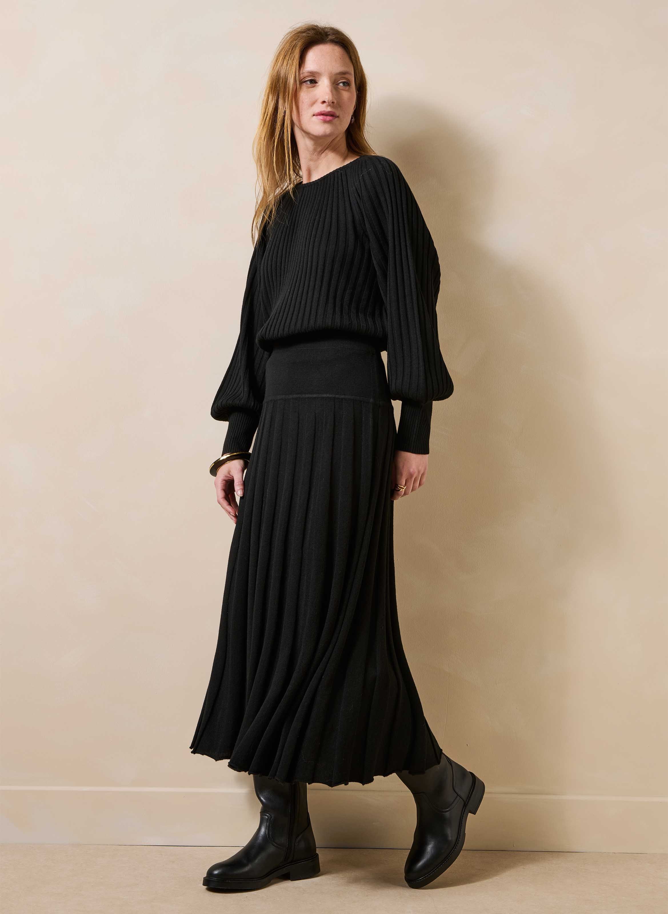 Jupe midi en maille plissée  LA FEE MARABOUTEE Noir