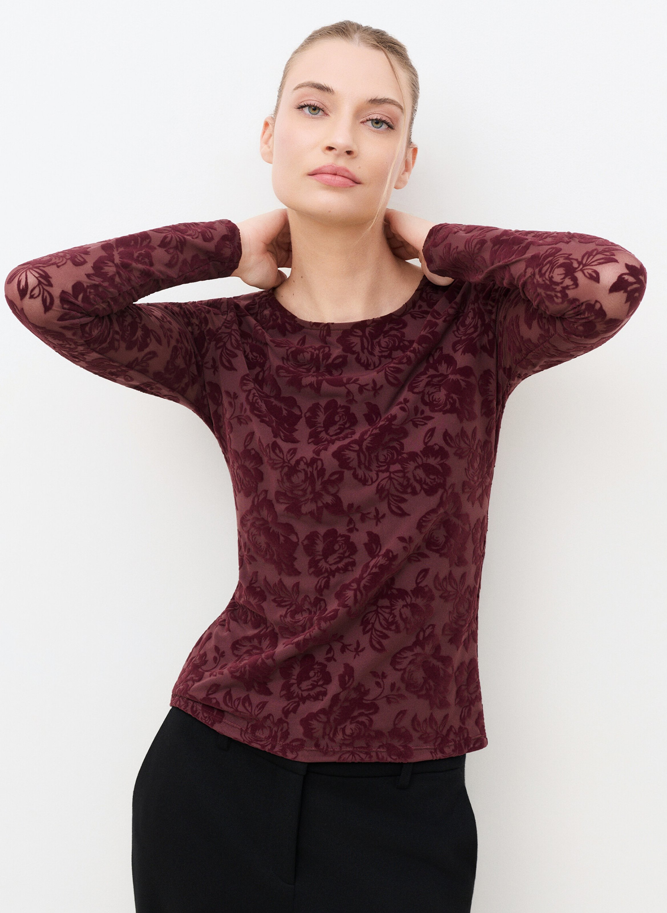 Top col rond transparent à motif CAROLL Prune