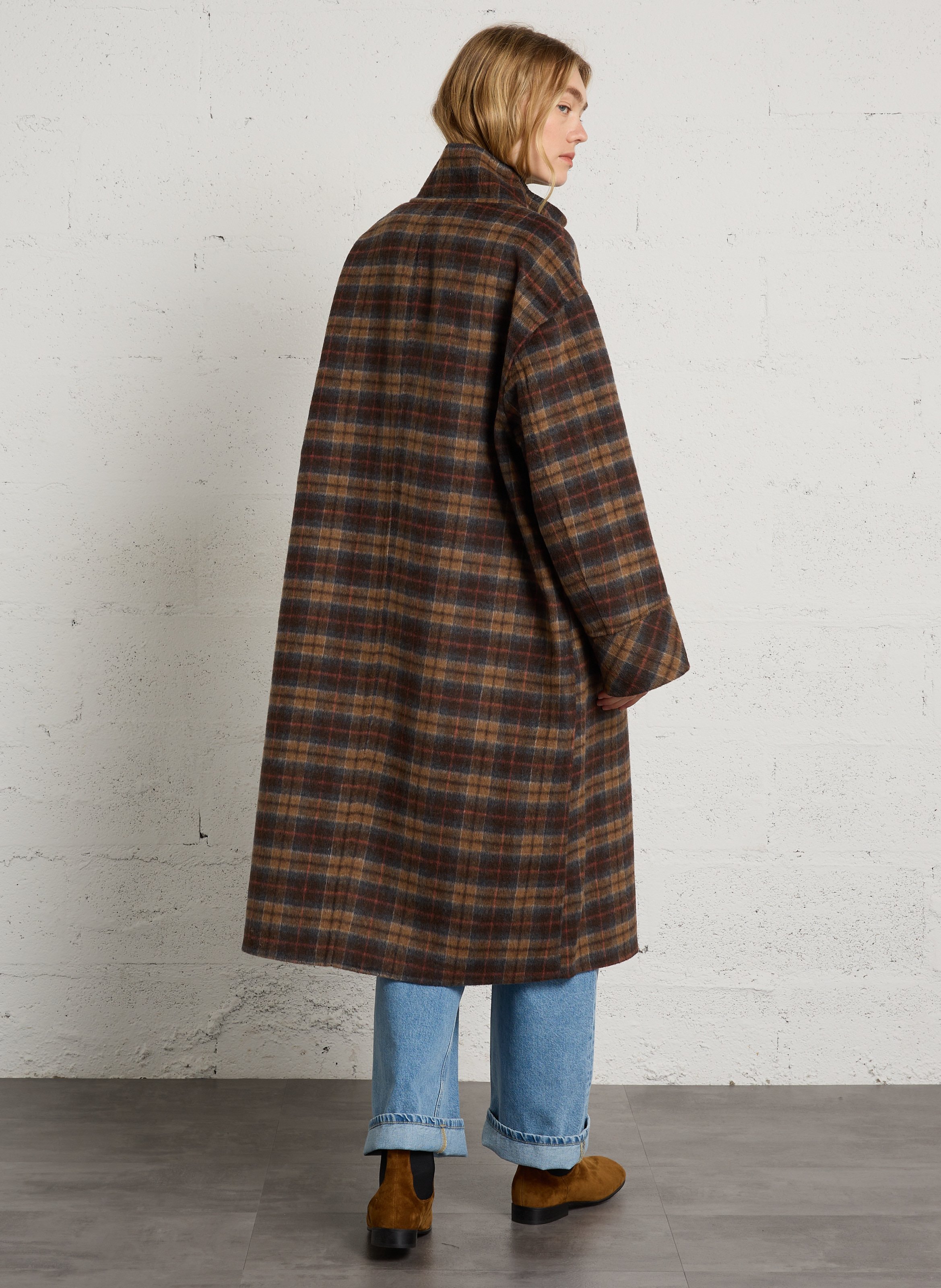 Manteau ample à carreaux en laine mélangée SEE U SOON Marron
