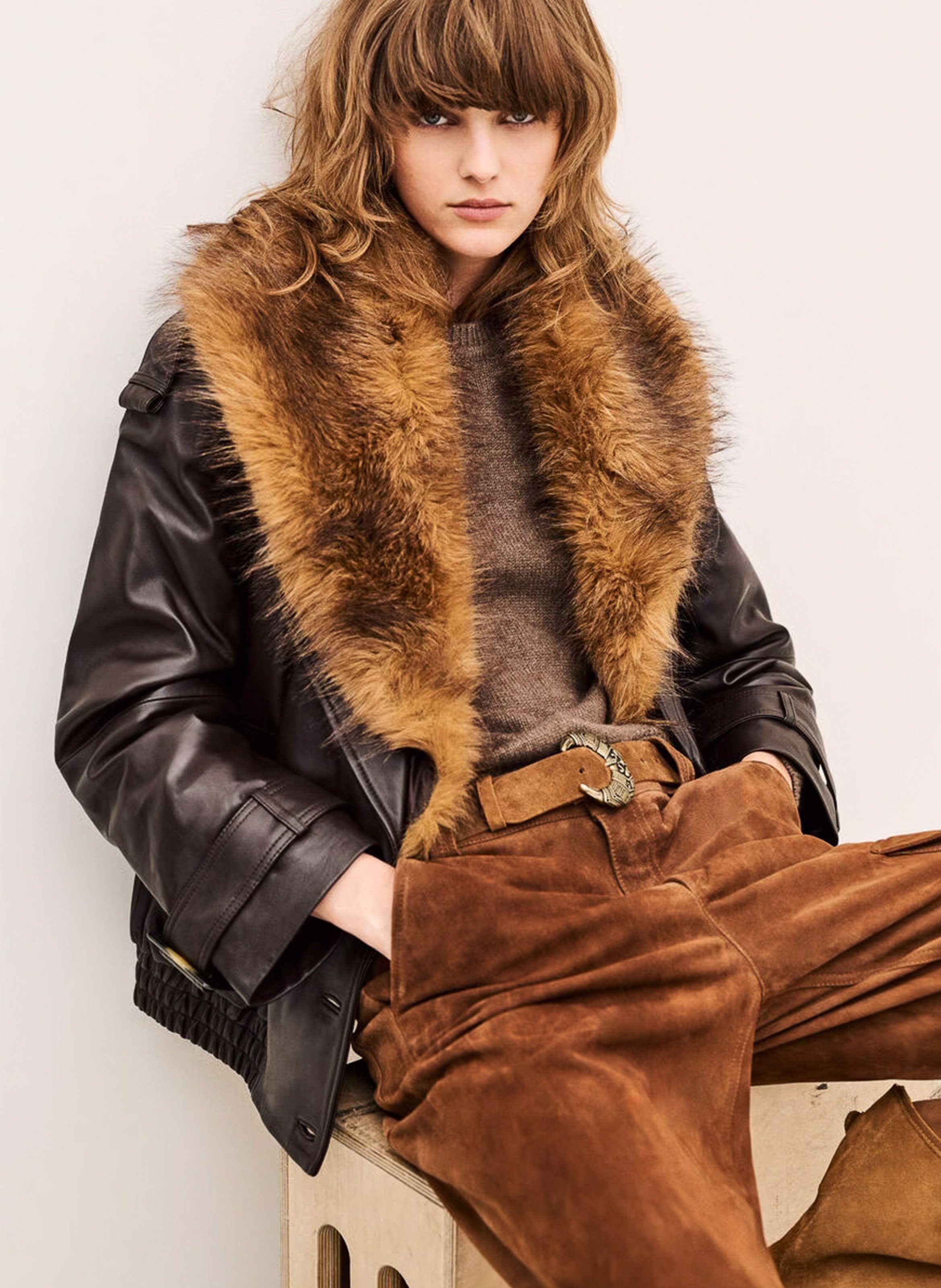 Ruime leren jas met kraag met bontlook BA&SH Bruin
