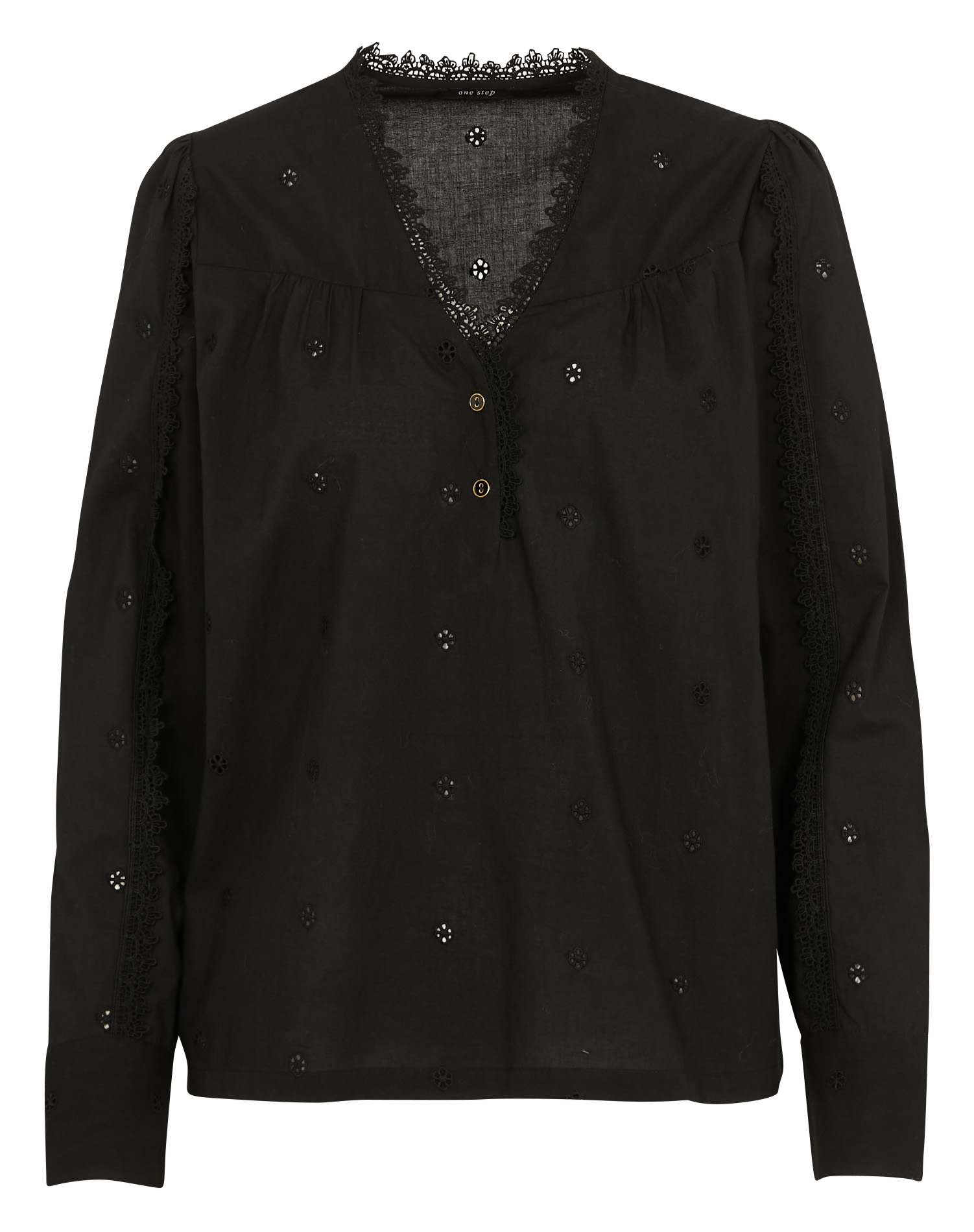 Blouse met V-hals en rechte snit met borduursels ONE STEP Zwart