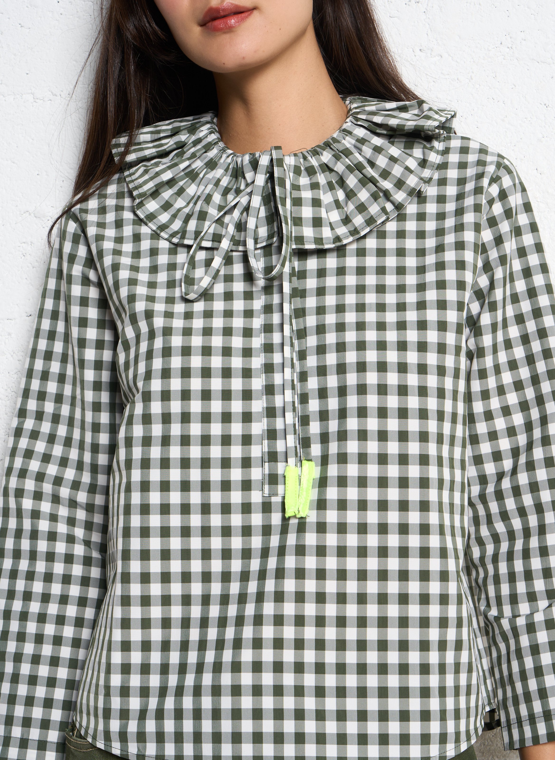 Straight-cut gingham print cotton blouse with Peter Pan collar DR BLOOM Brown