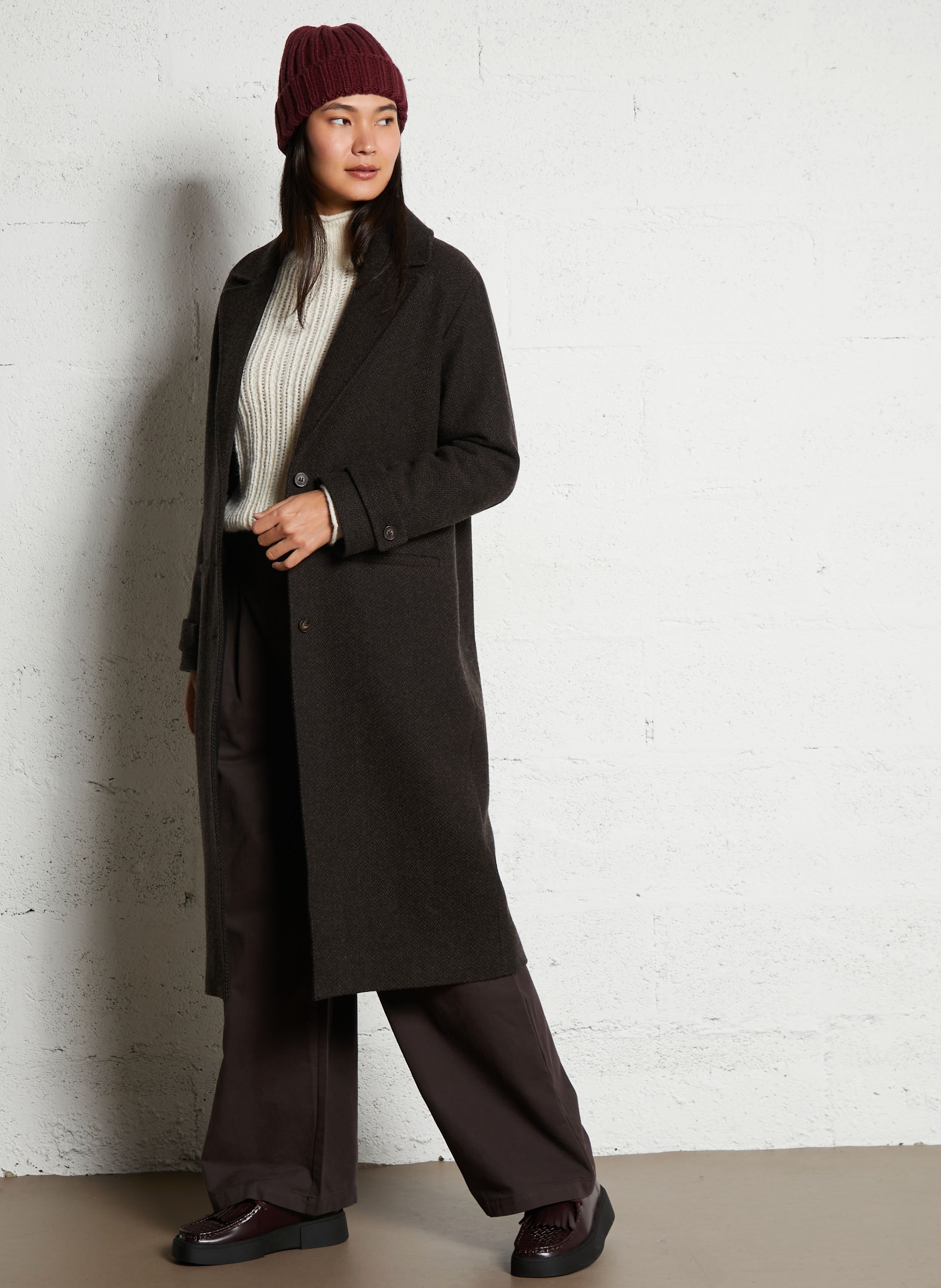 Straight coat in printed mixed wool I CODE Brown