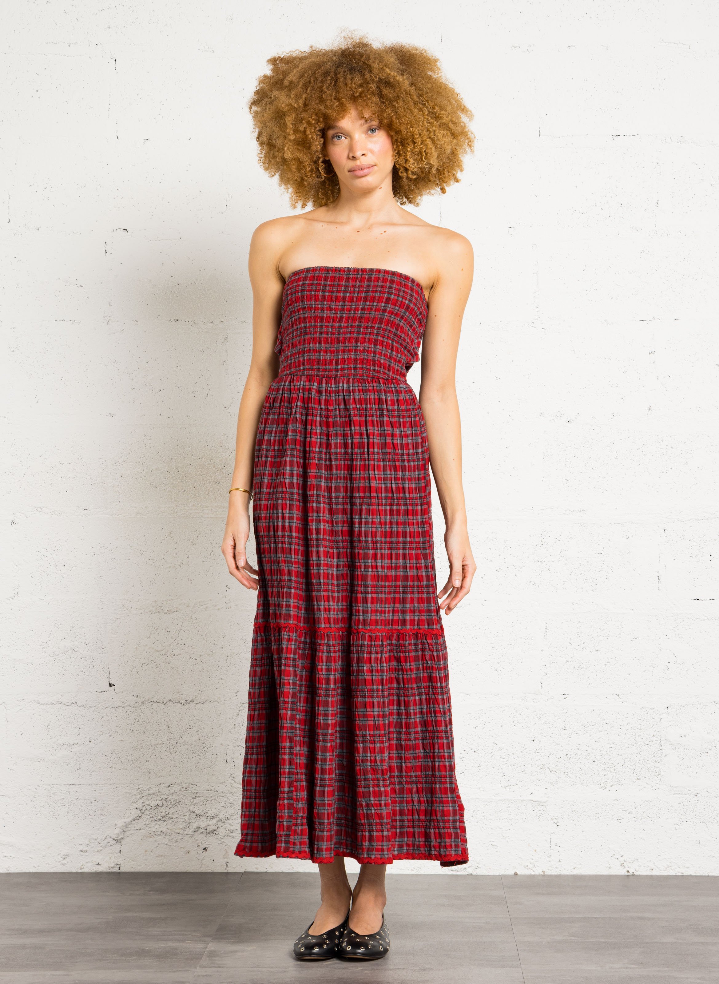 Langes kariertes Bio-Baumwollkleid DAMSON MADDER Rot