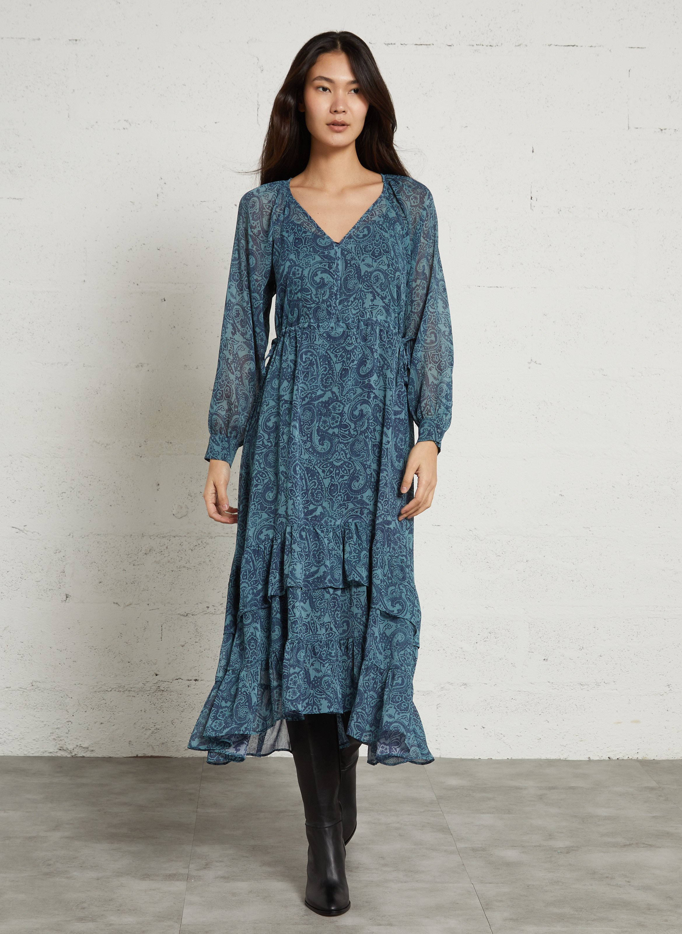 Robe longue col v imprimée  SUD EXPRESS Bleu