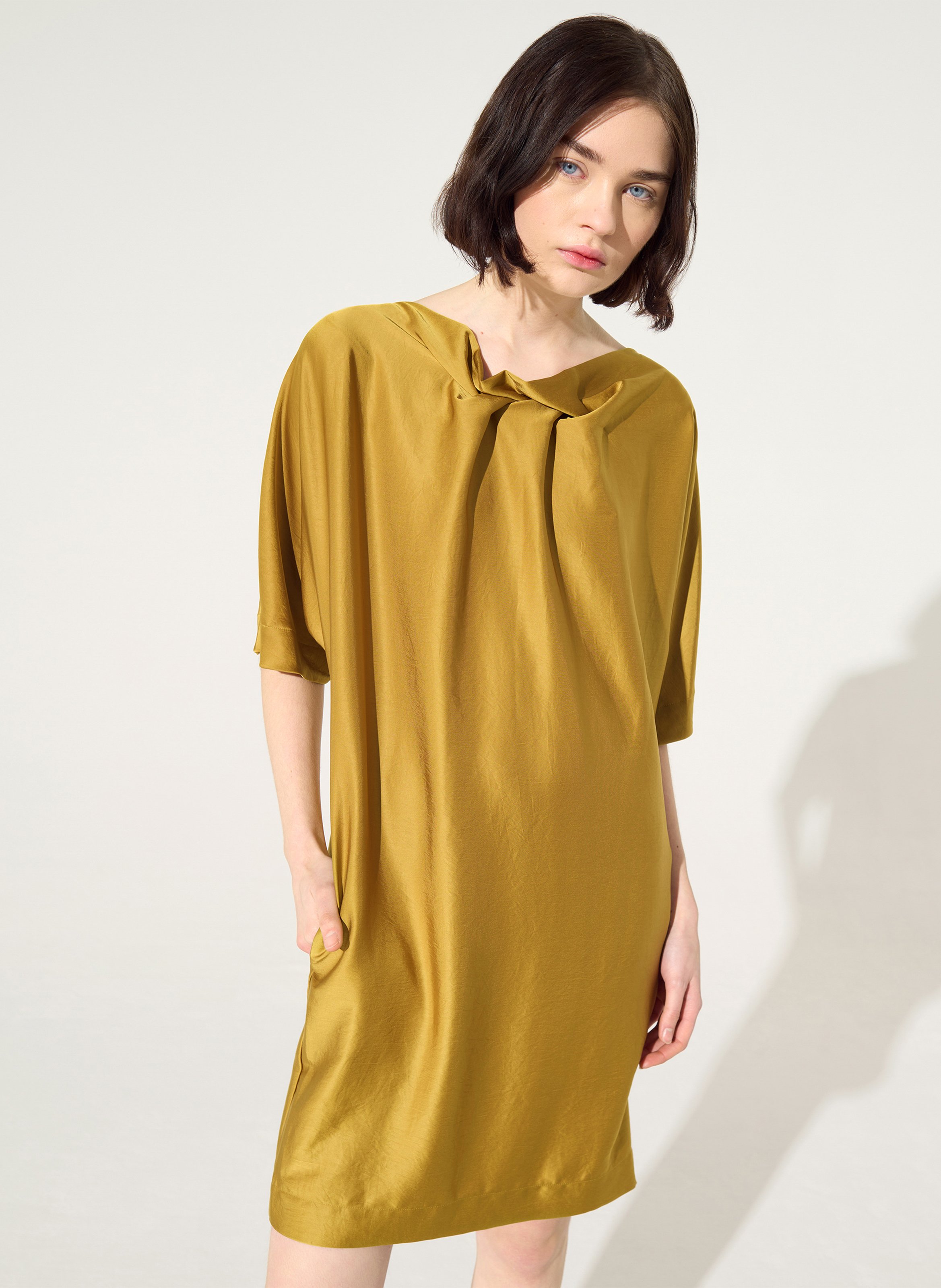 Satin dress with asymmetrical collar COTELAC Yellow