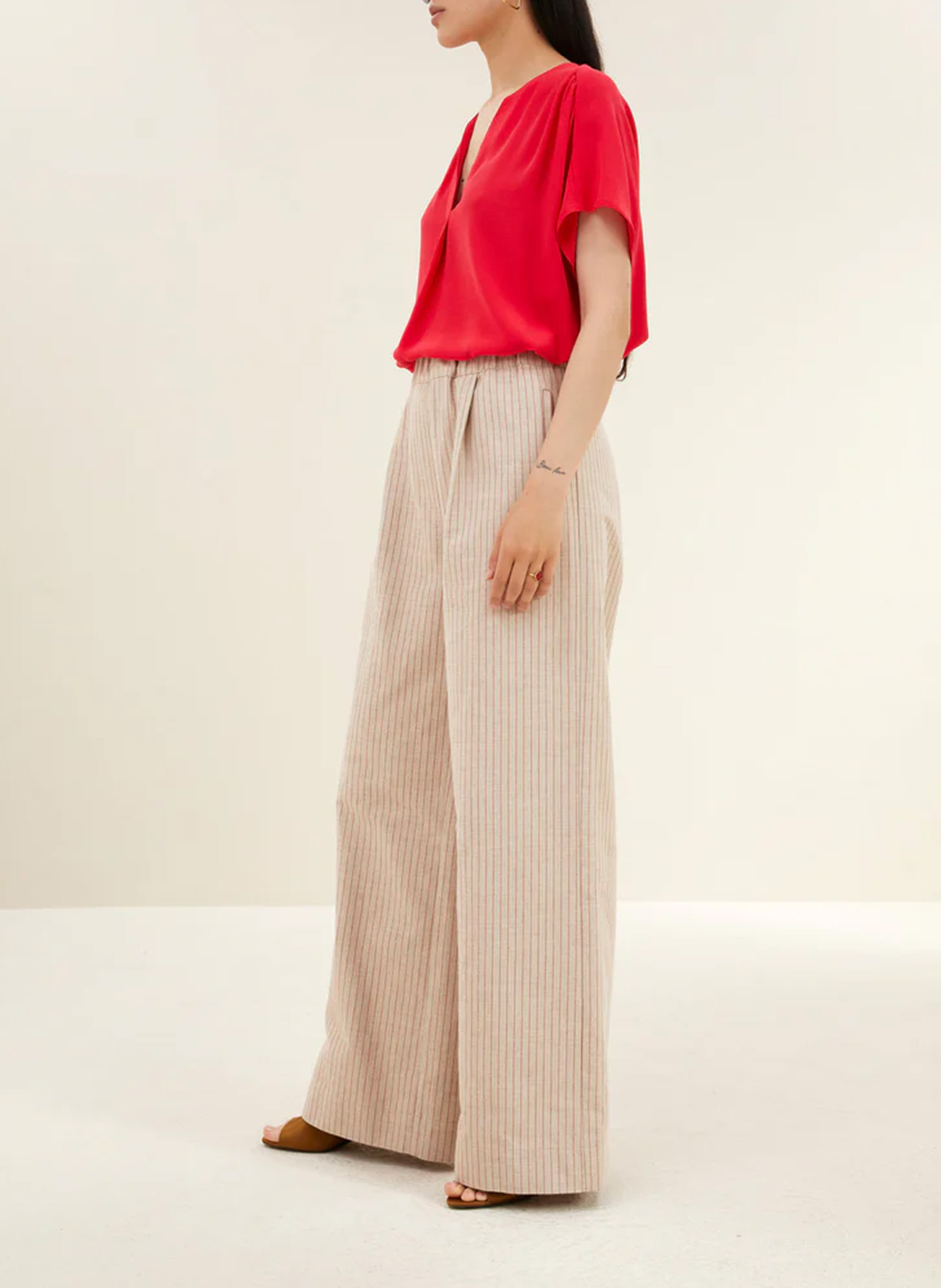 Pantalon taille haute large rayé BY BAR Rouge