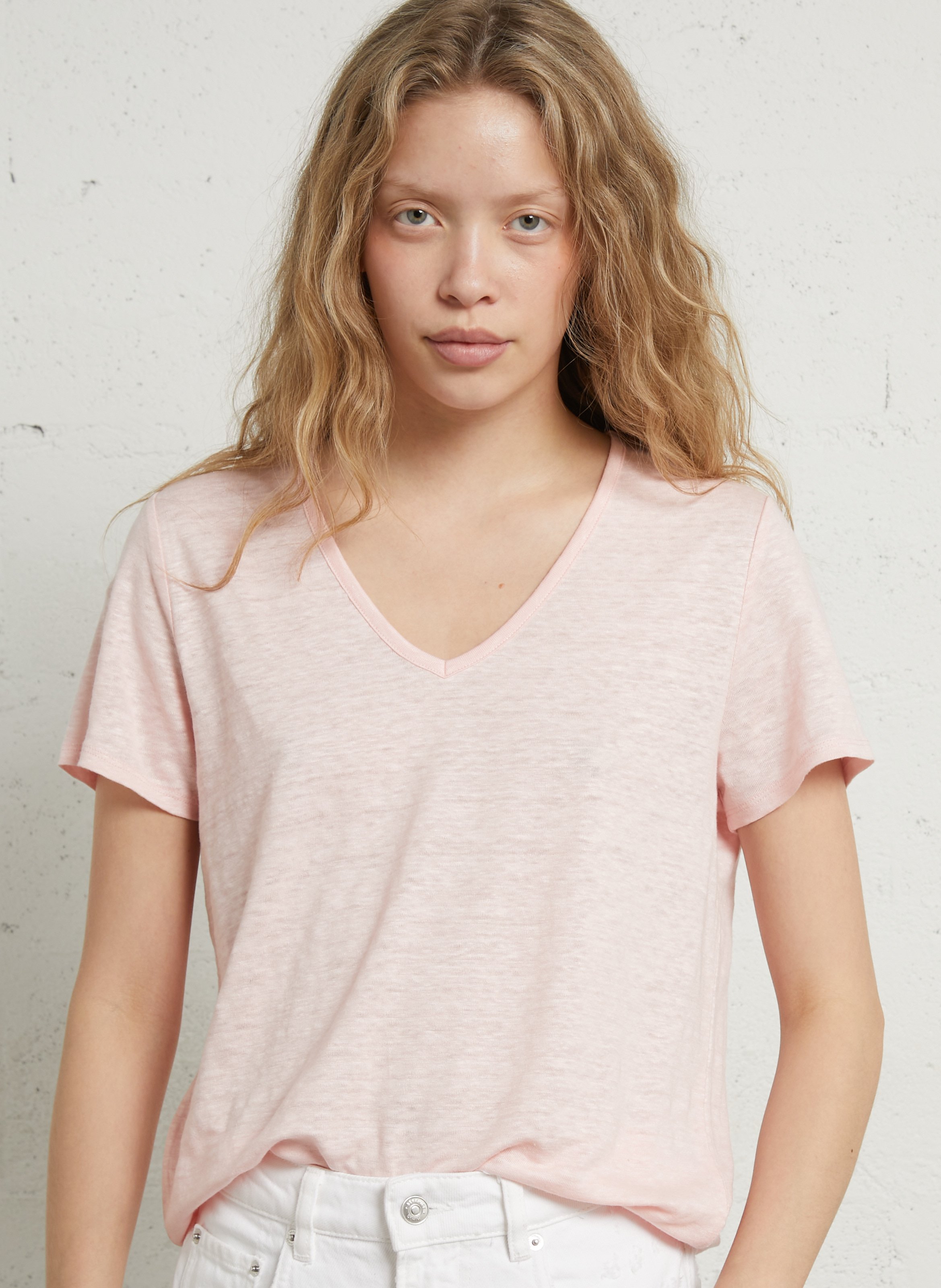 Oversize V-Ausschnitt Leinen T-Shirt BERENICE Rosa