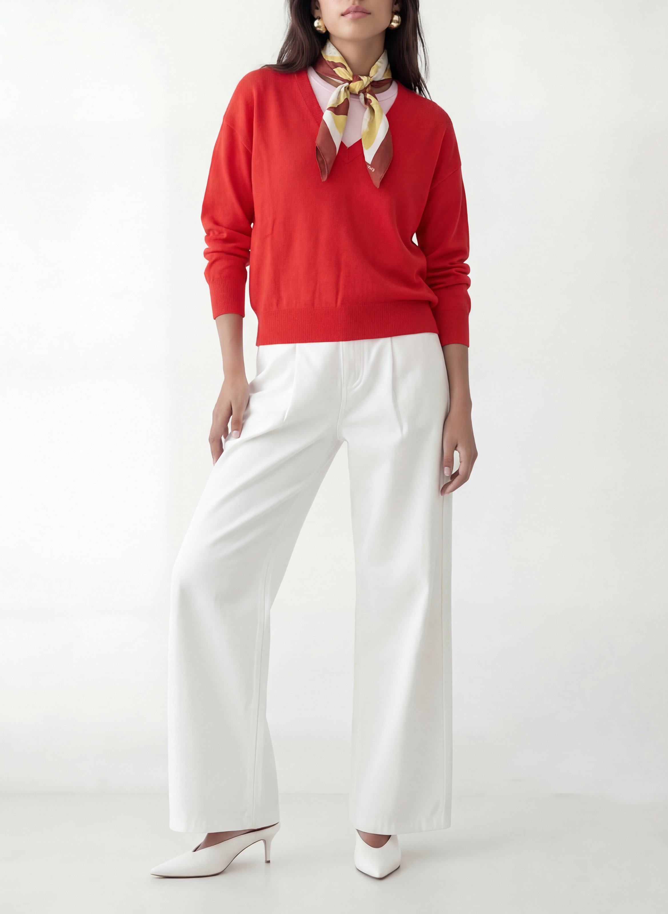 Gerade geschnittener Strick-Mix-Pullover mit V-Ausschnitt KOOKAI Rot