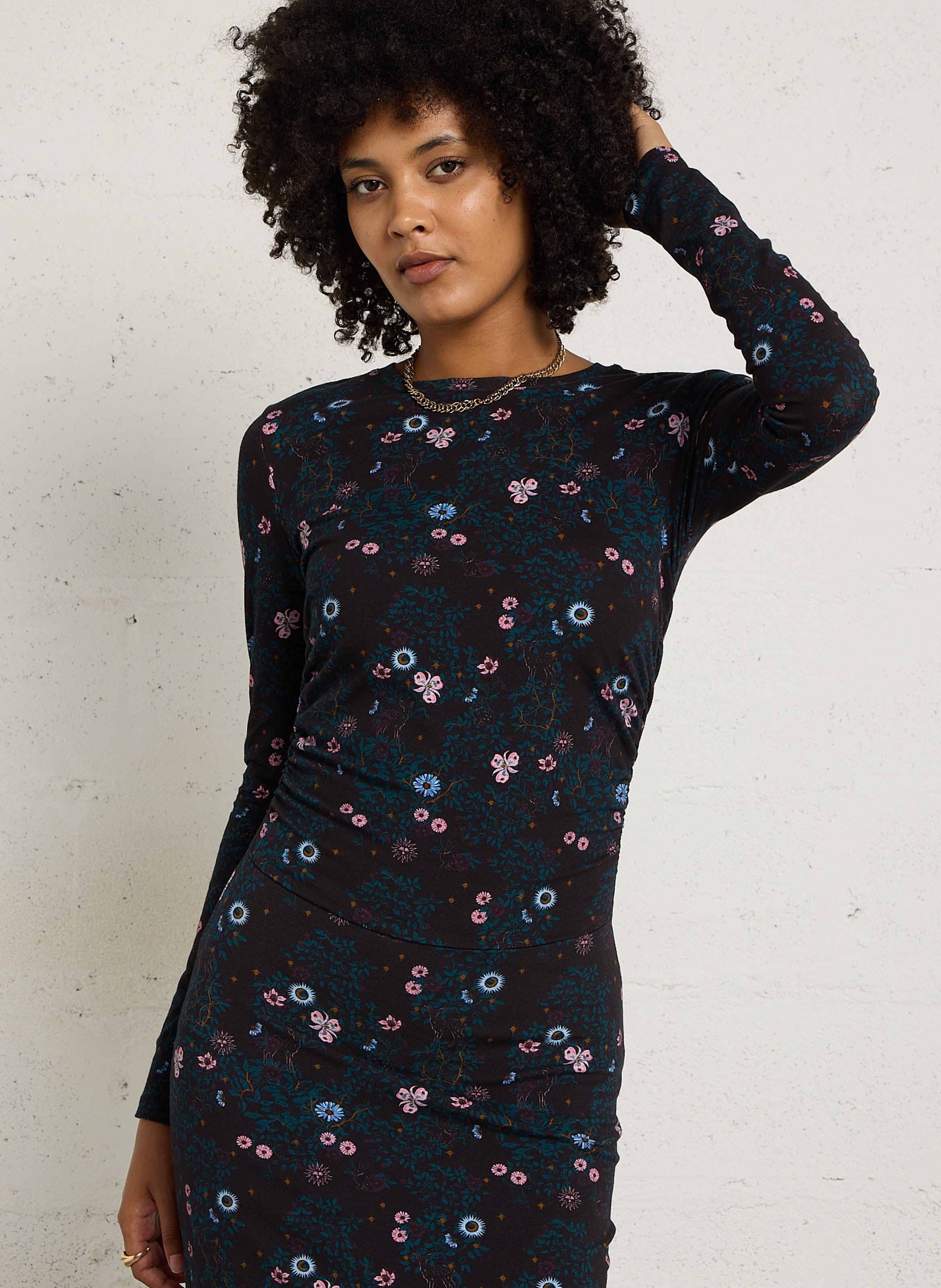 Eng anliegendes bedrucktes Baumwollmischkleid DES PETITS HAUTS Schwarz