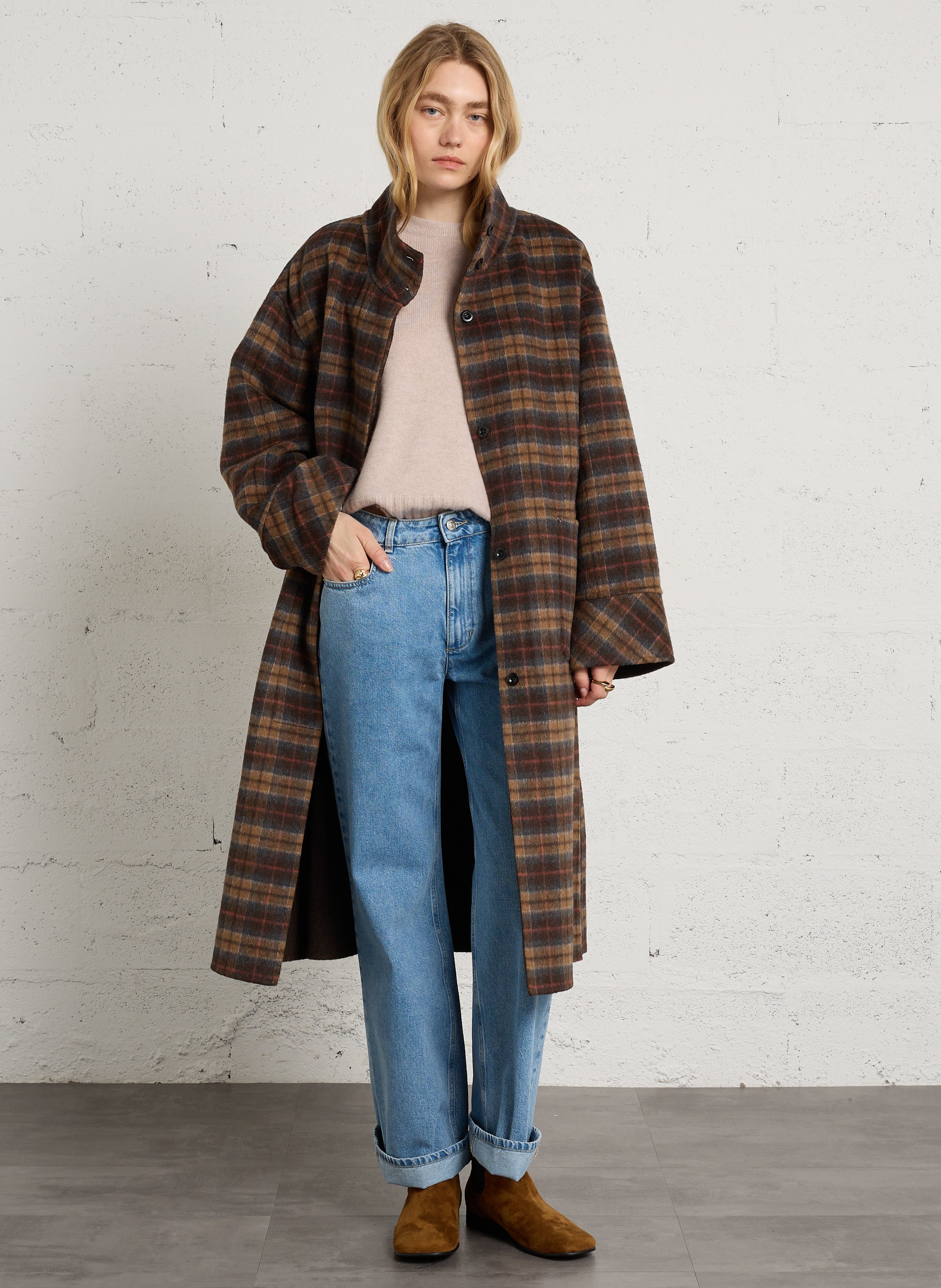 Manteau ample à carreaux en laine mélangée SEE U SOON Marron