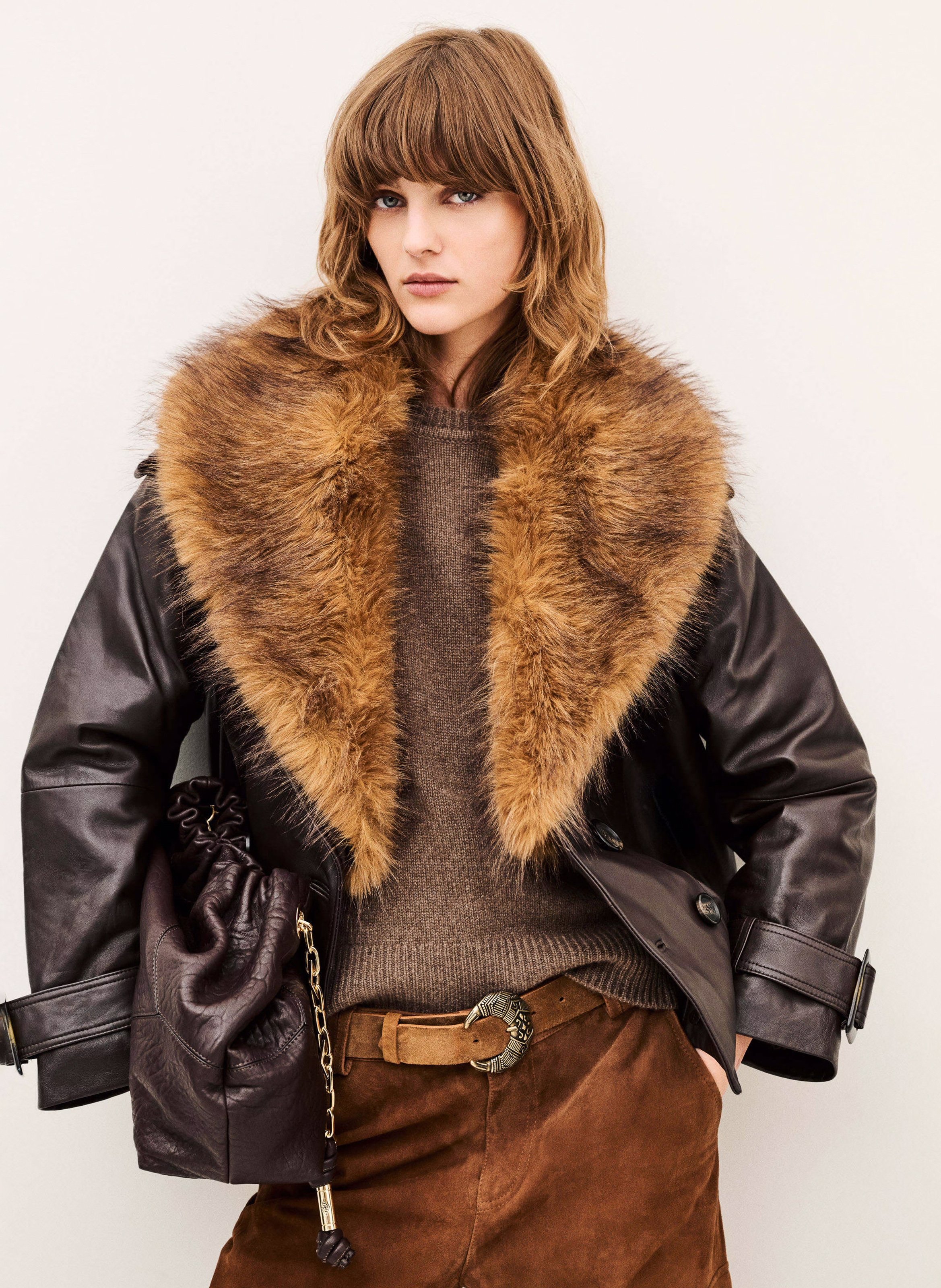 Ruime leren jas met kraag met bontlook BA&SH Bruin