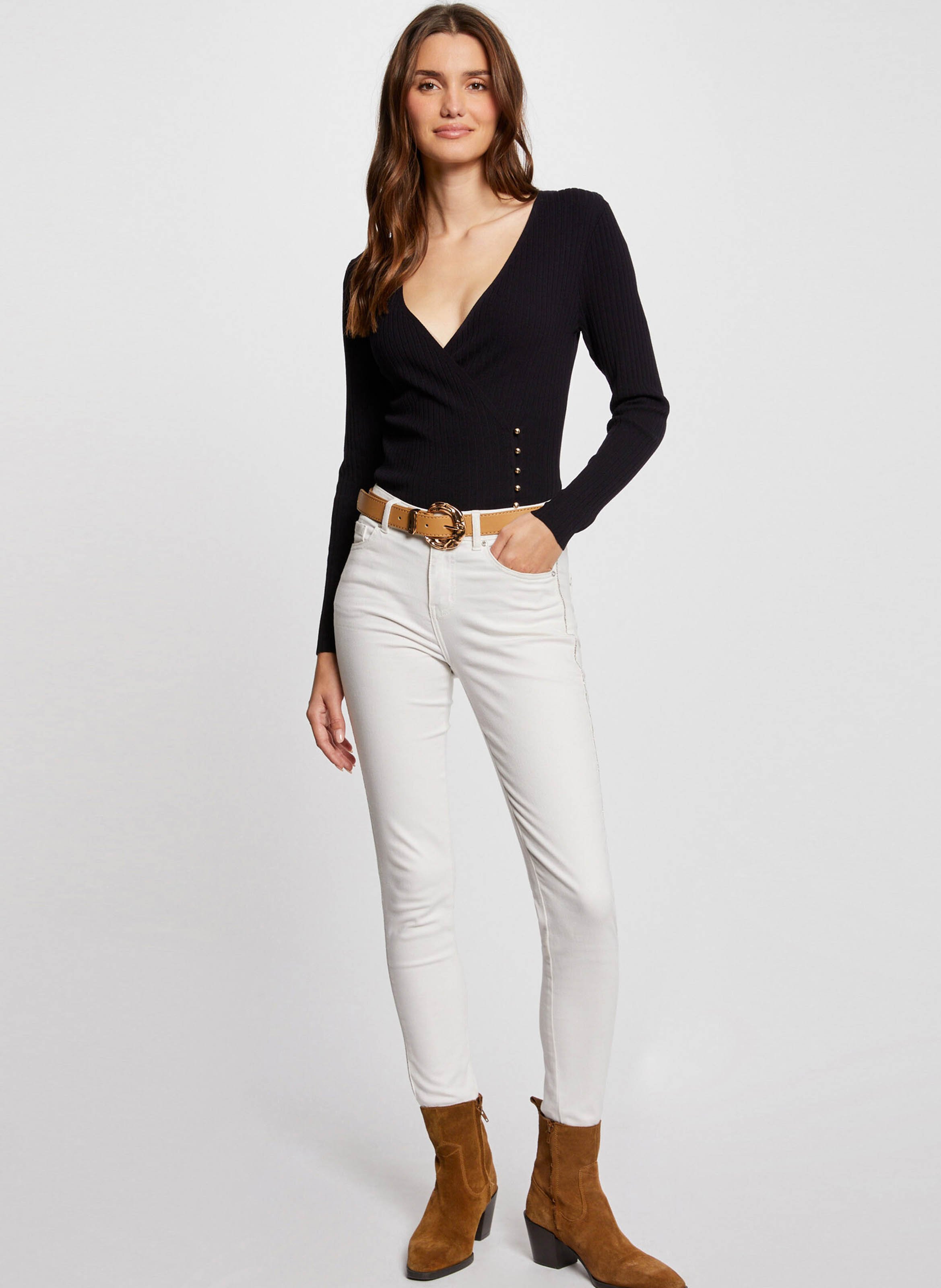 Figurbetonter Strickpullover mit Wickelkragen MORGAN Blau