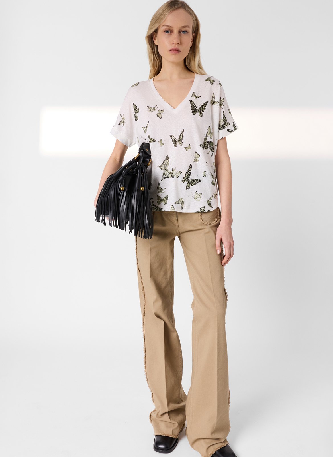 Tee-shirt oversize col V en lin et coton imprimé GERARD DAREL Kaki