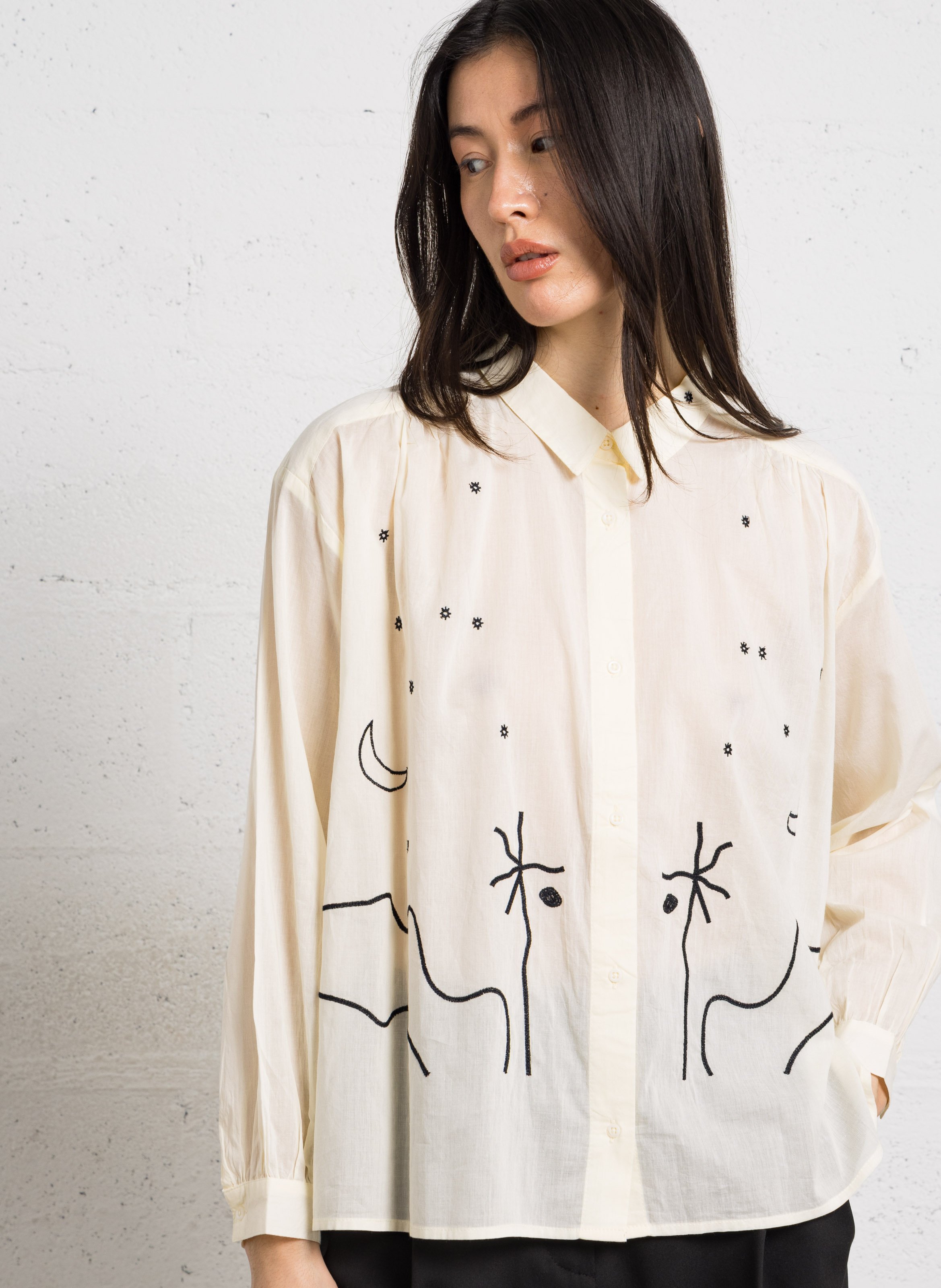 Straight embroidered cotton shirt with classic collar SACRECOEUR Black