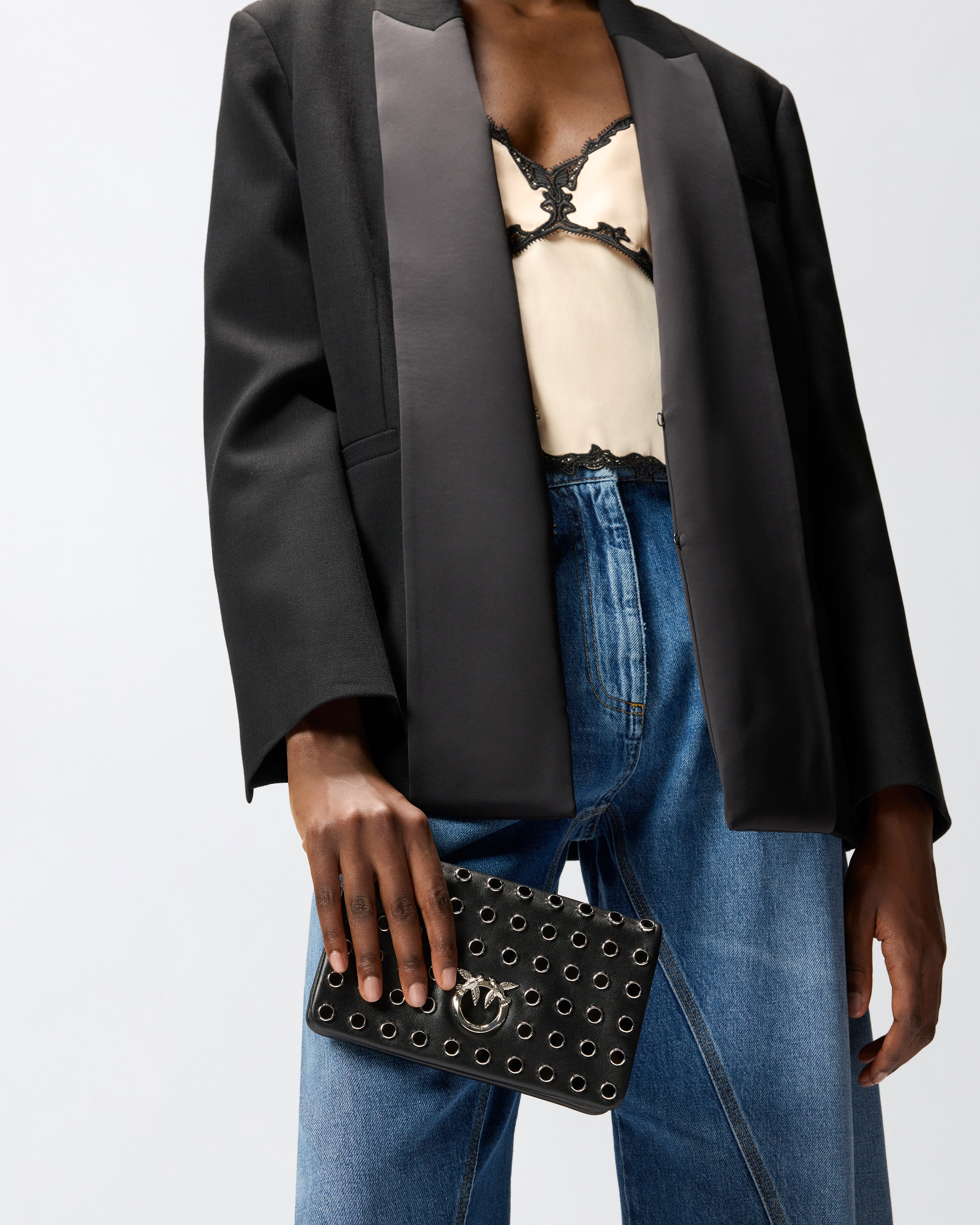 Petite pochette à bandoulière love bag click soft horizontal mini en cuir clouté PINKO Noir