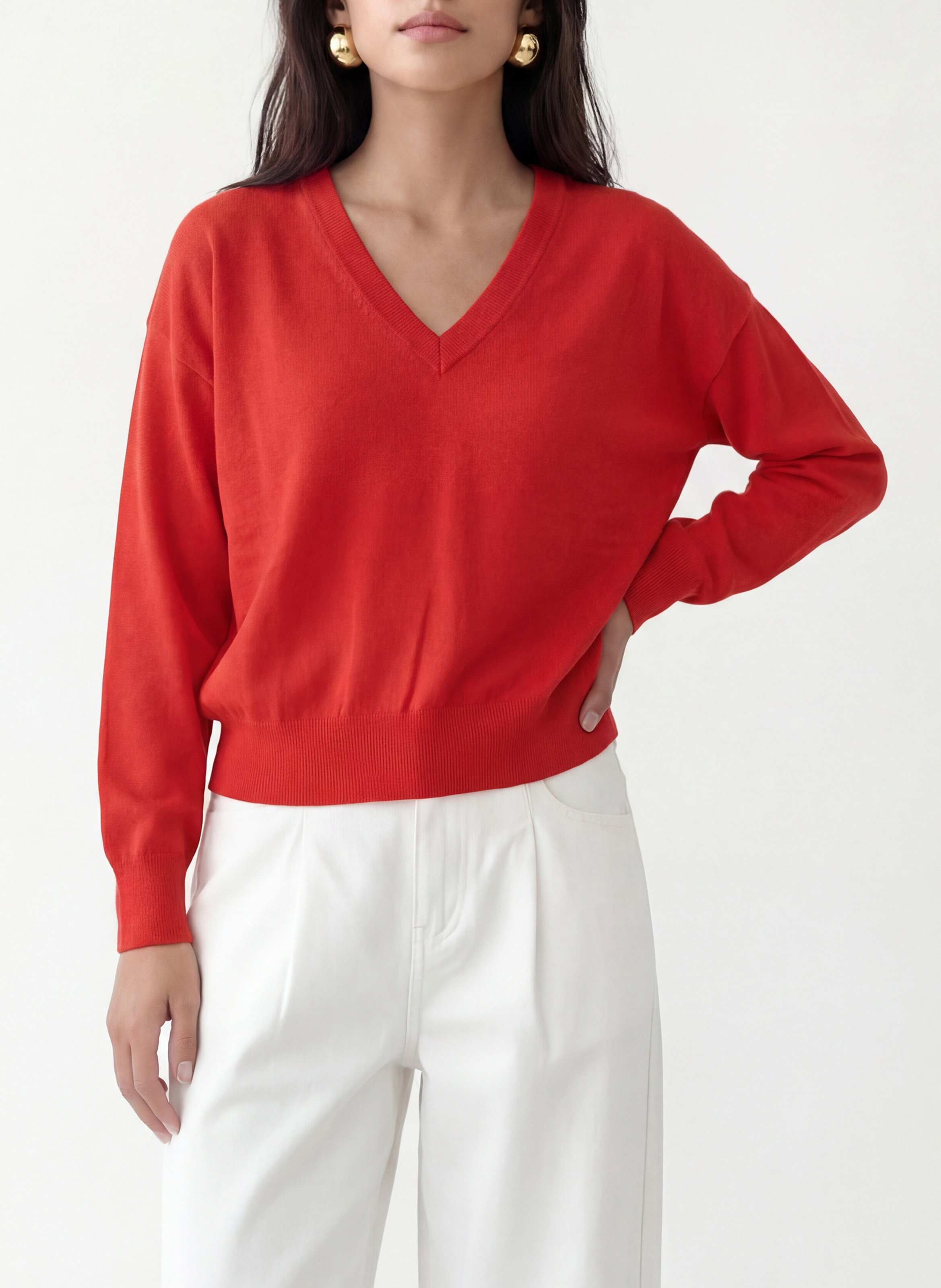 Gerade geschnittener Strick-Mix-Pullover mit V-Ausschnitt KOOKAI Rot
