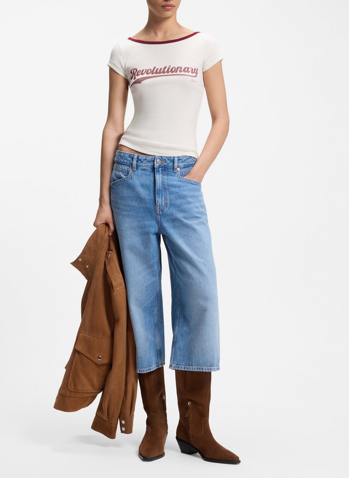 Straight boat neck t-shirt in blended cotton BOSS Beige