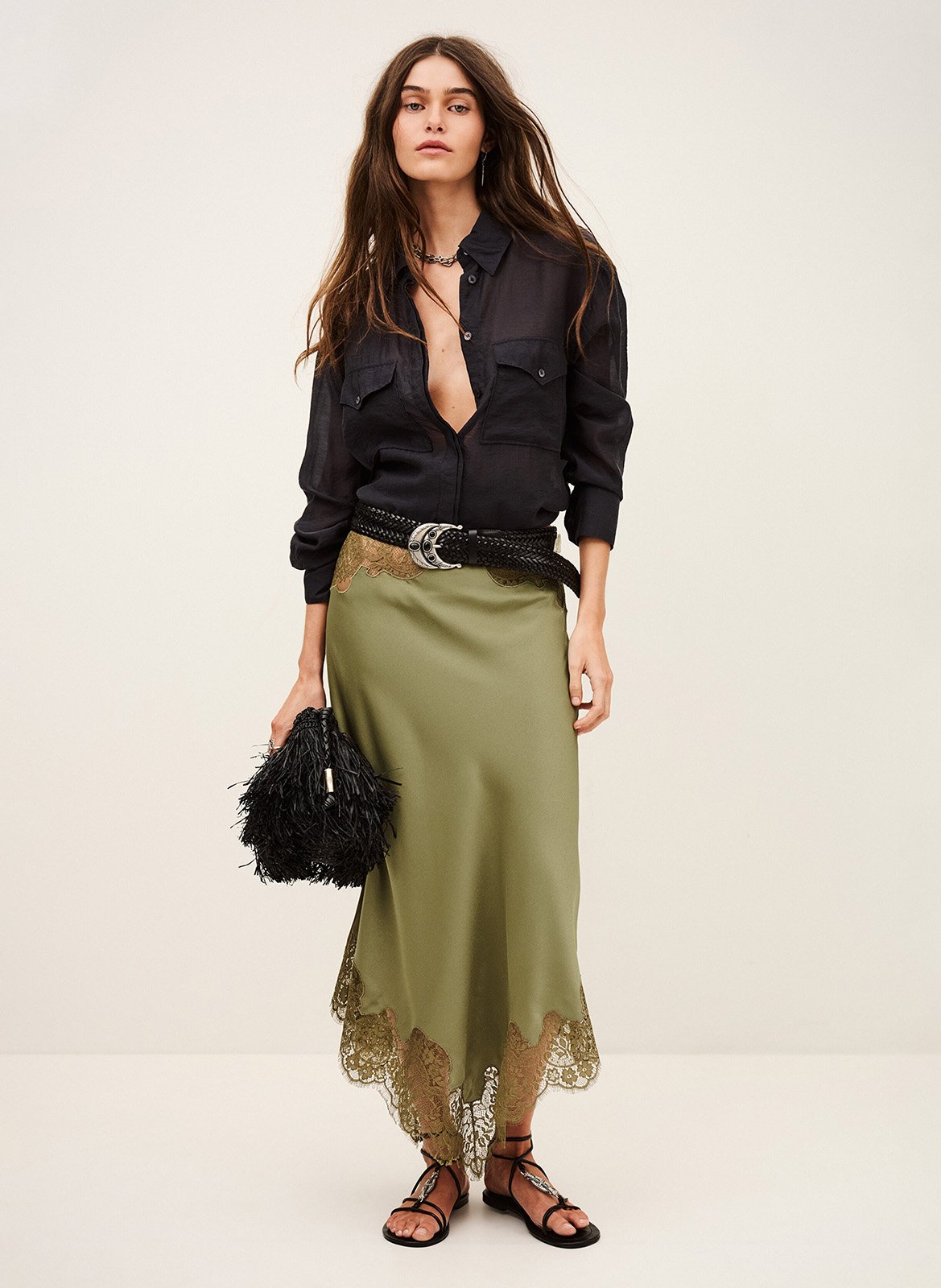 Lange asymmetrische rok met kant BA&SH Kaki