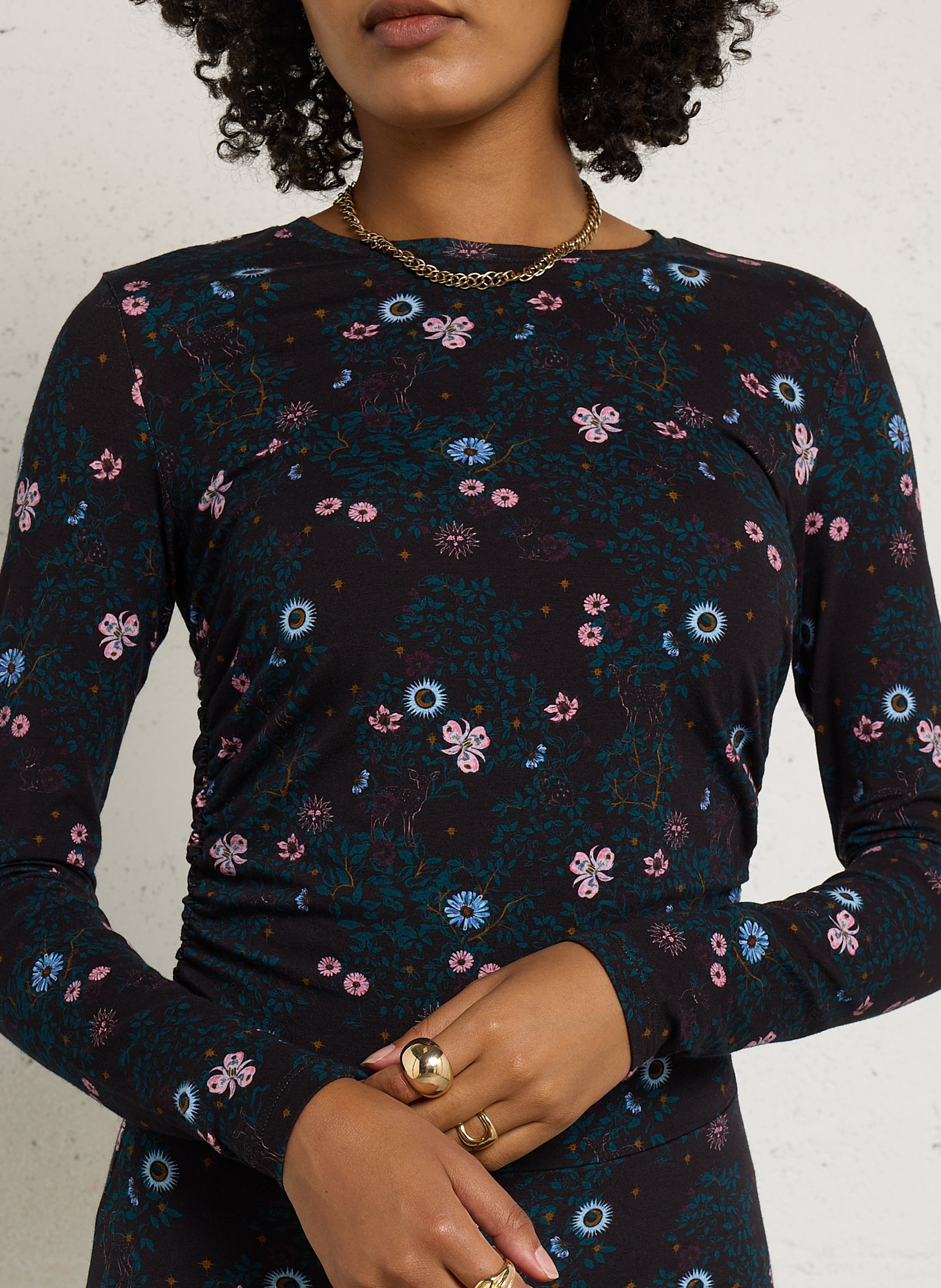 Eng anliegendes bedrucktes Baumwollmischkleid DES PETITS HAUTS Schwarz