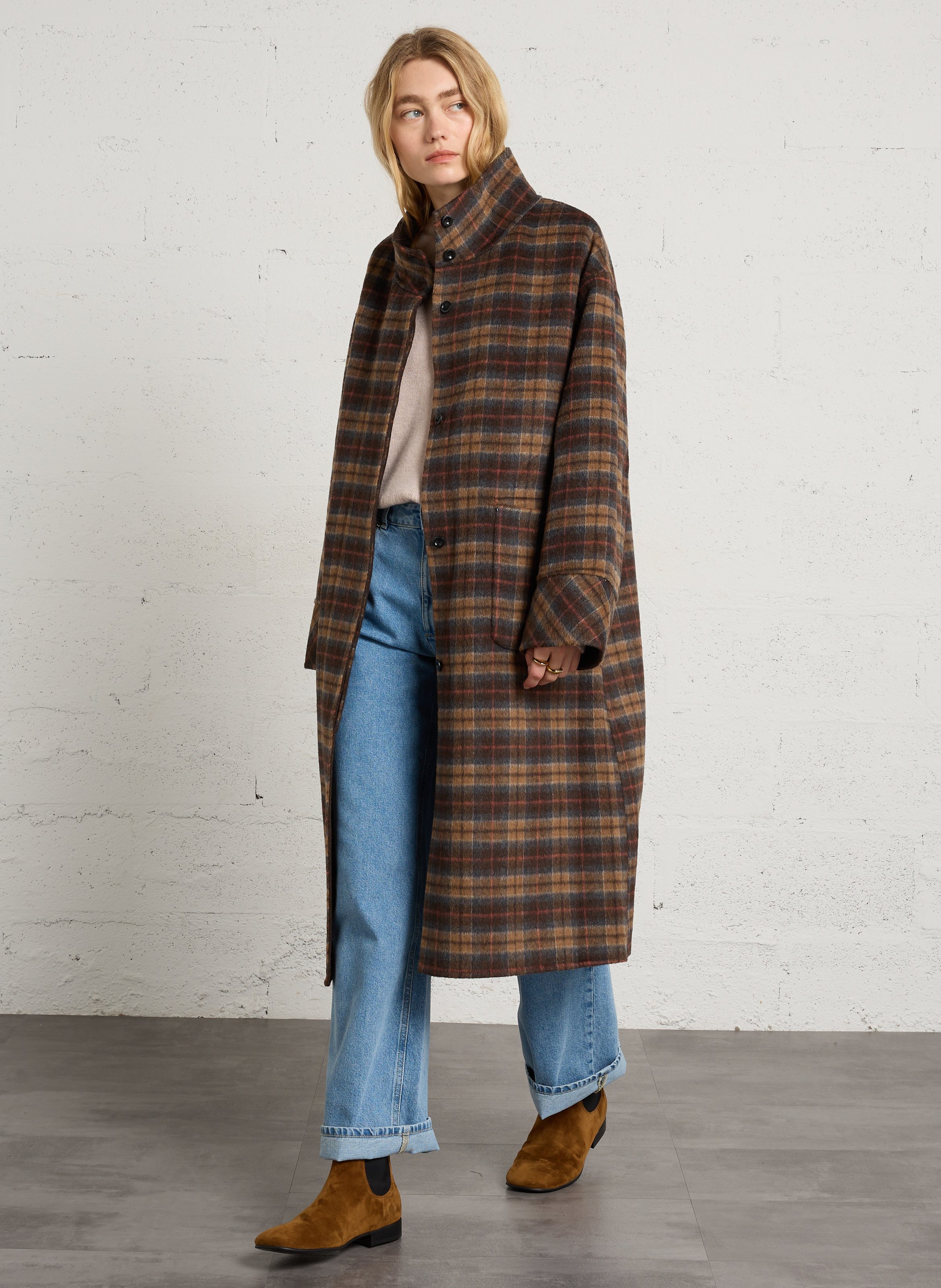 Manteau ample à carreaux en laine mélangée SEE U SOON Marron