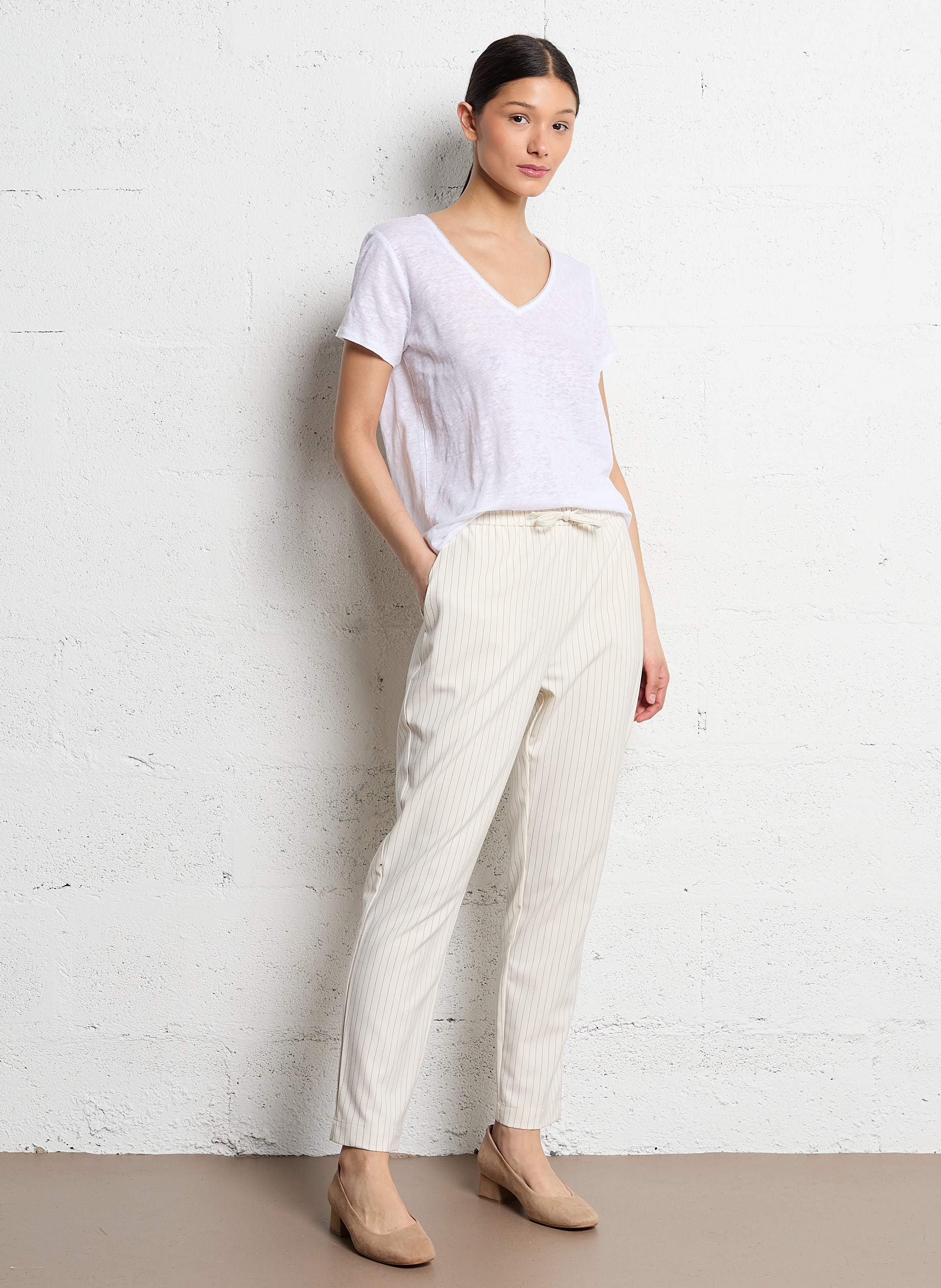 Tee-shirt col V en lin SUD EXPRESS Blanc