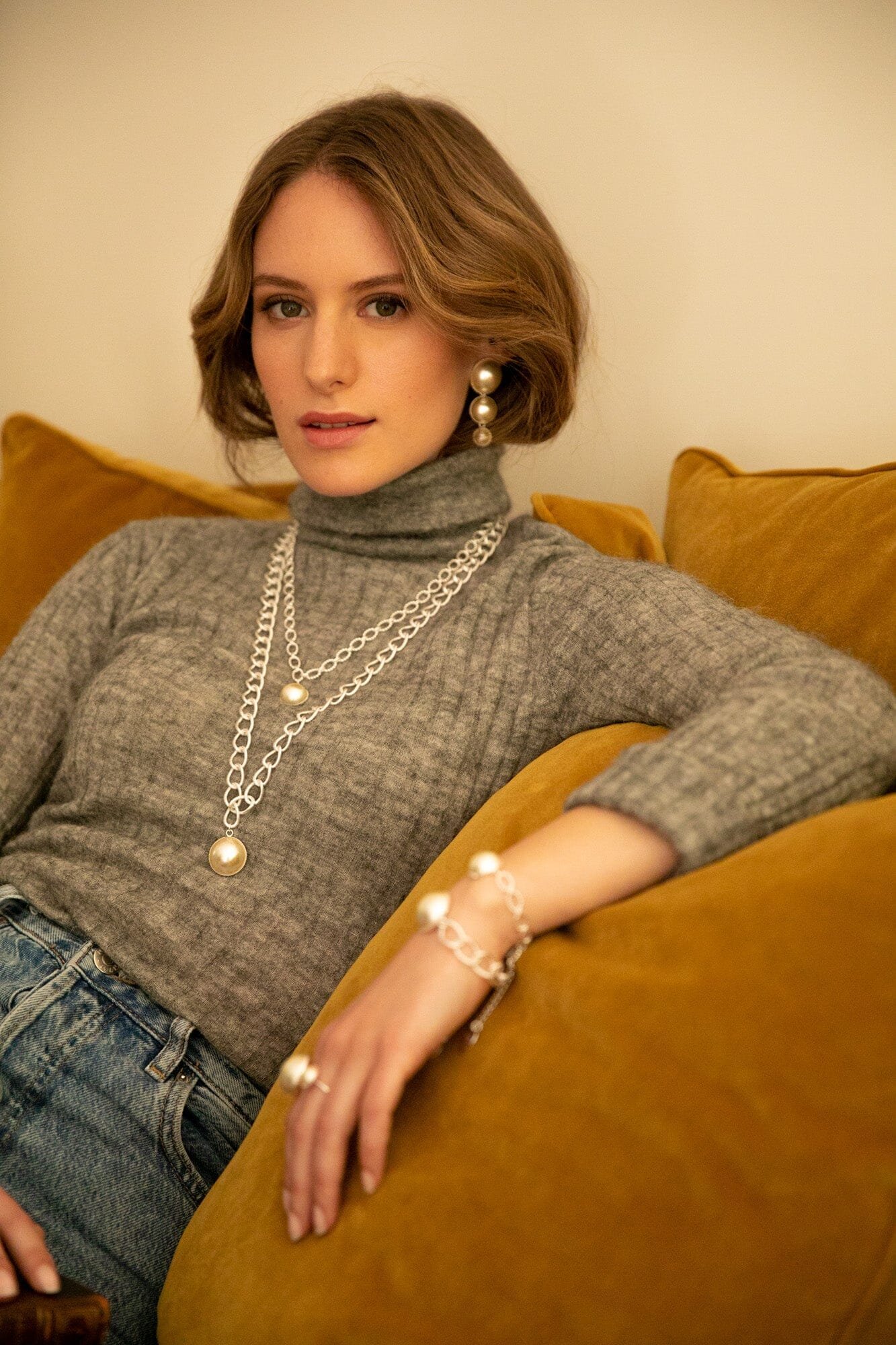 Dangling silver-plated pearl stud earrings MONSIEUR SIMONE Golden