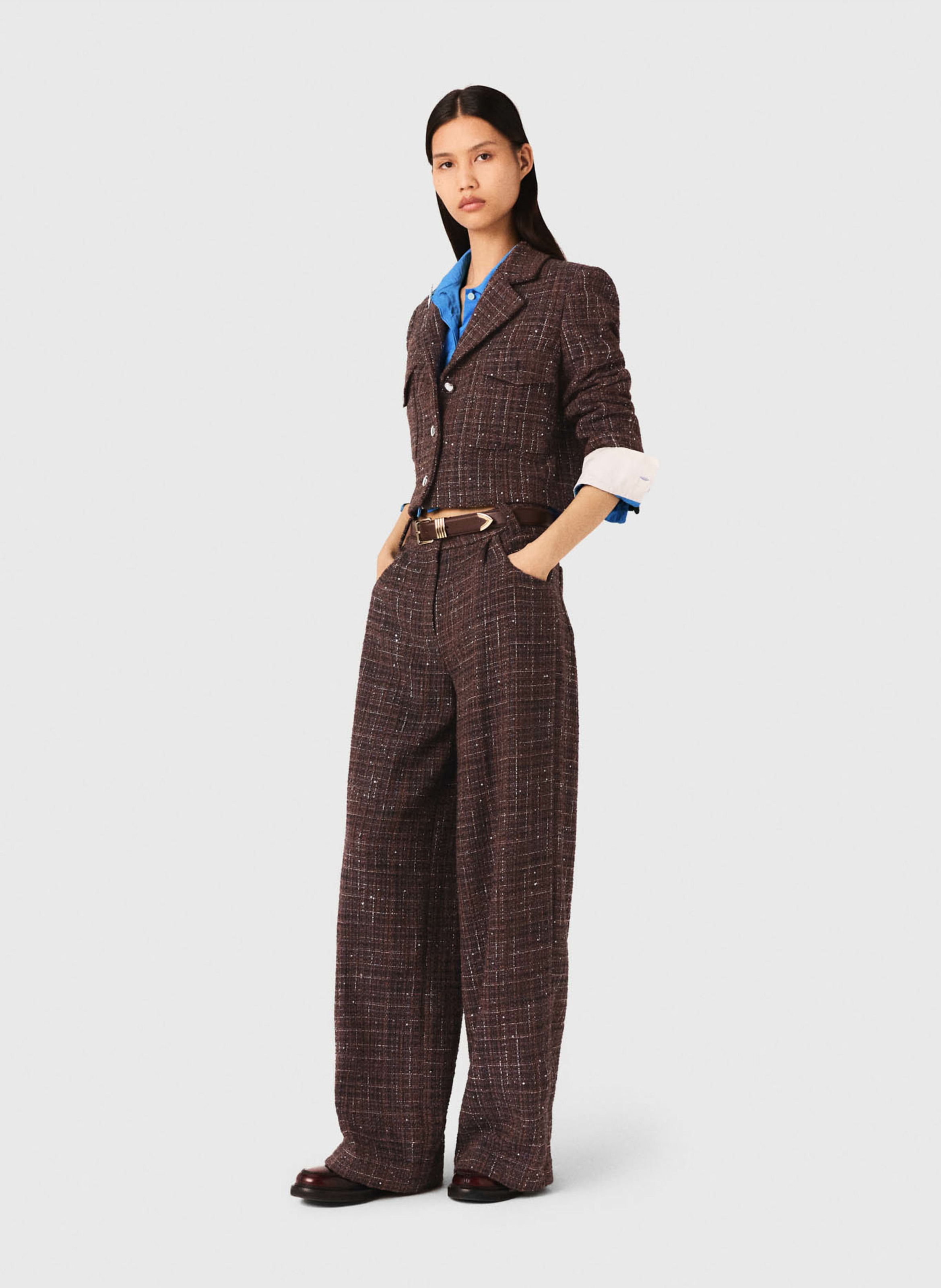 Pantalon droit taille haute en tweed MAJE Marron
