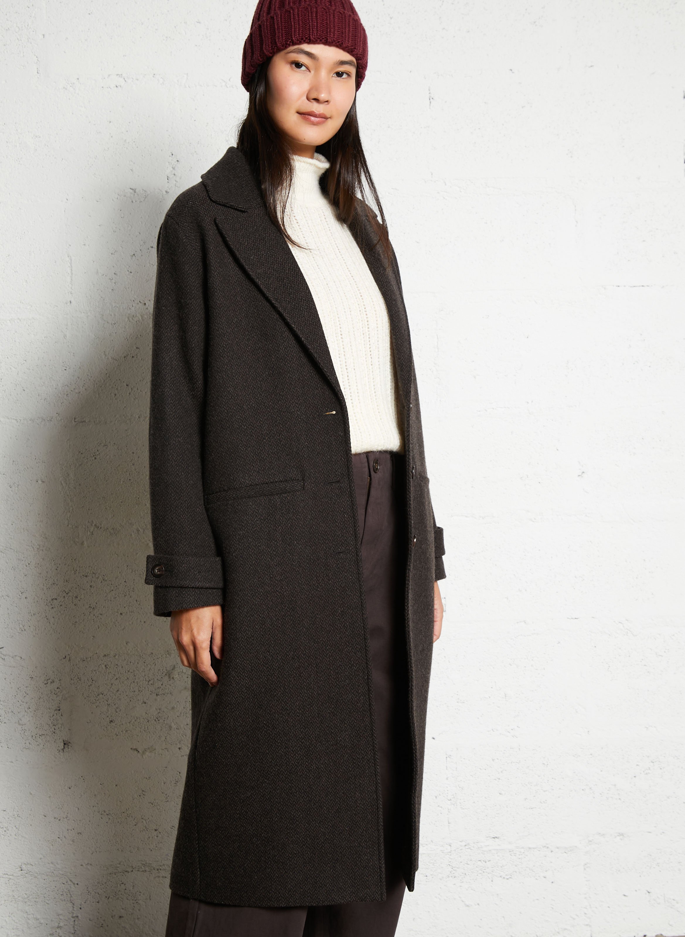 Straight coat in printed mixed wool I CODE Brown