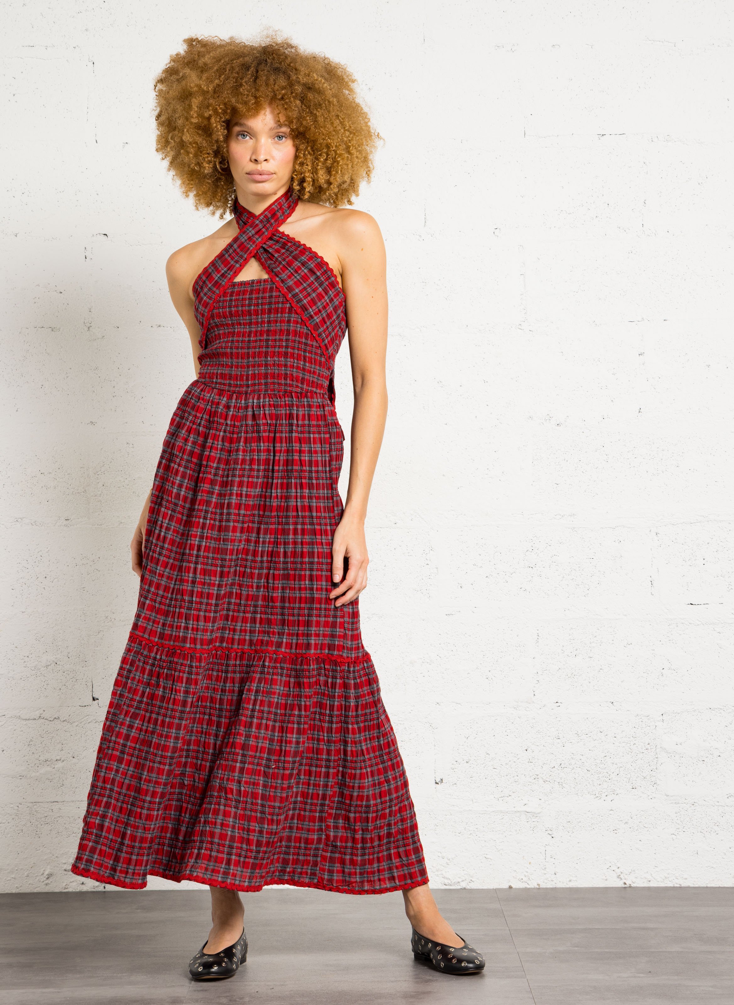 Langes kariertes Bio-Baumwollkleid DAMSON MADDER Rot