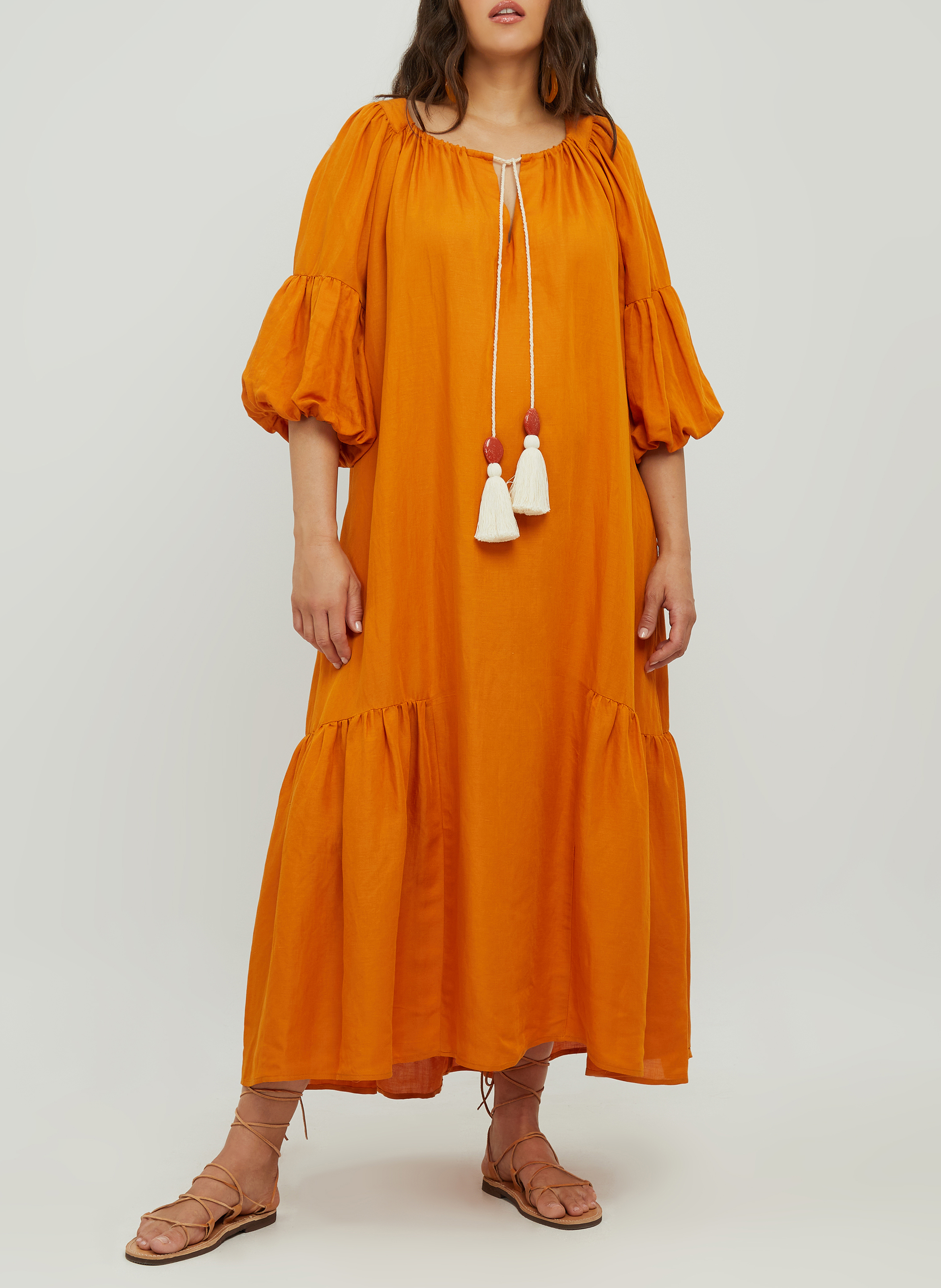 Robe longue à col rond en viscose et lin  MAT FASHION Orange