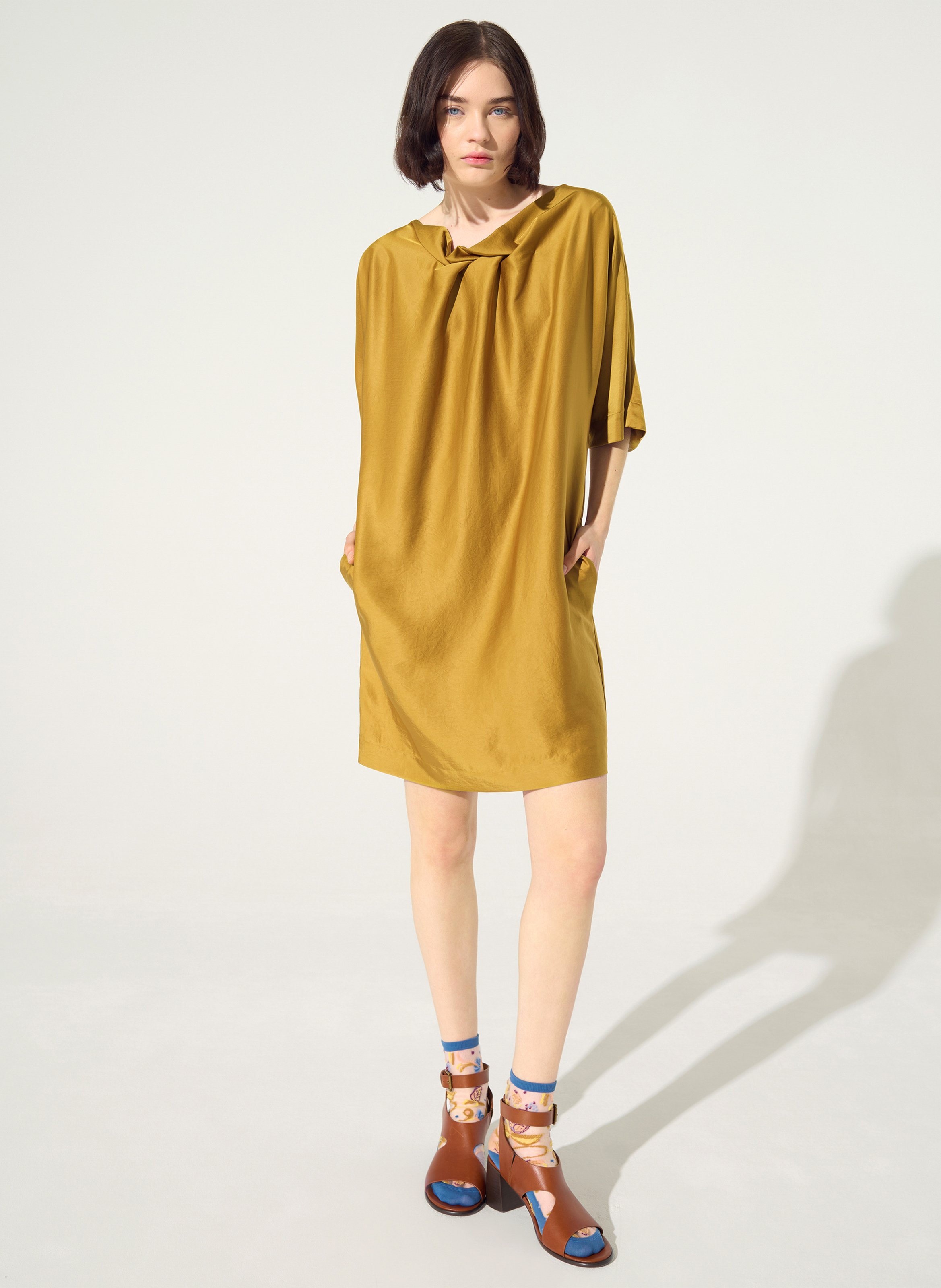 Satin dress with asymmetrical collar COTELAC Yellow