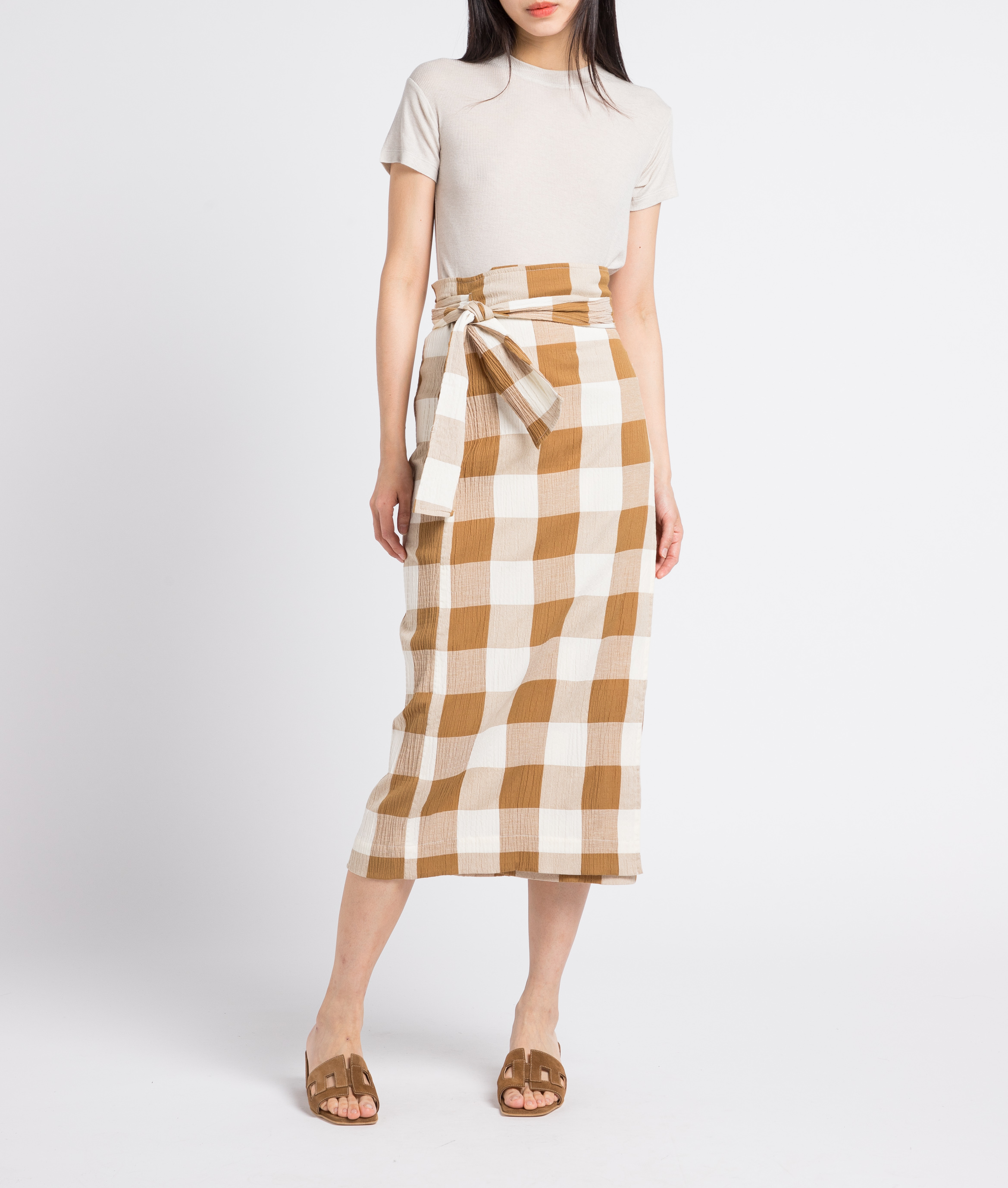 Falda larga recta cruzada de mezcla de algodón orgánico Marron