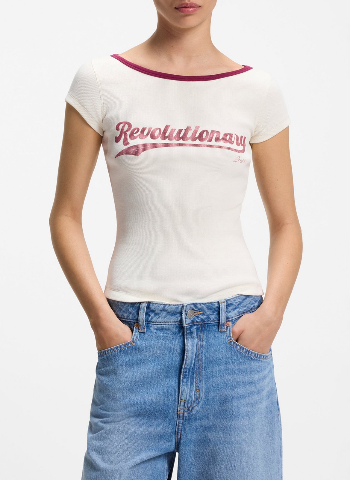 Straight boat neck t-shirt in blended cotton BOSS Beige