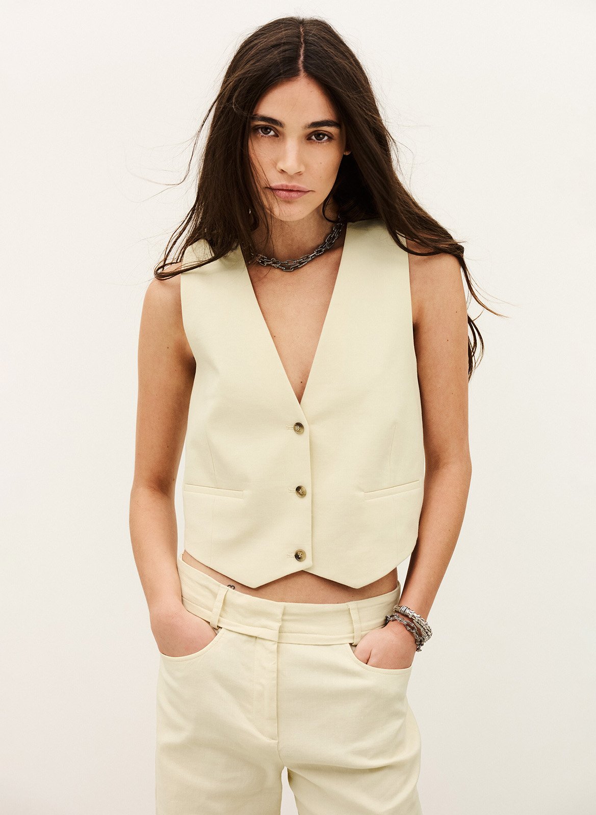 Veste col V en lin mélangé BA&SH Beige