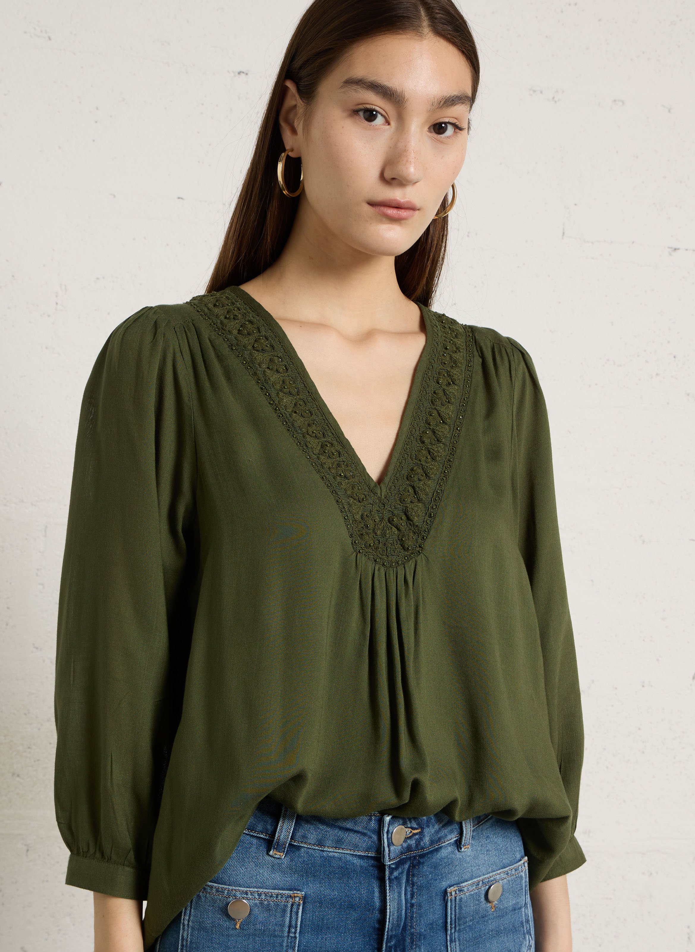 Embroidered V-neck blouse MAISON 123 Khaki