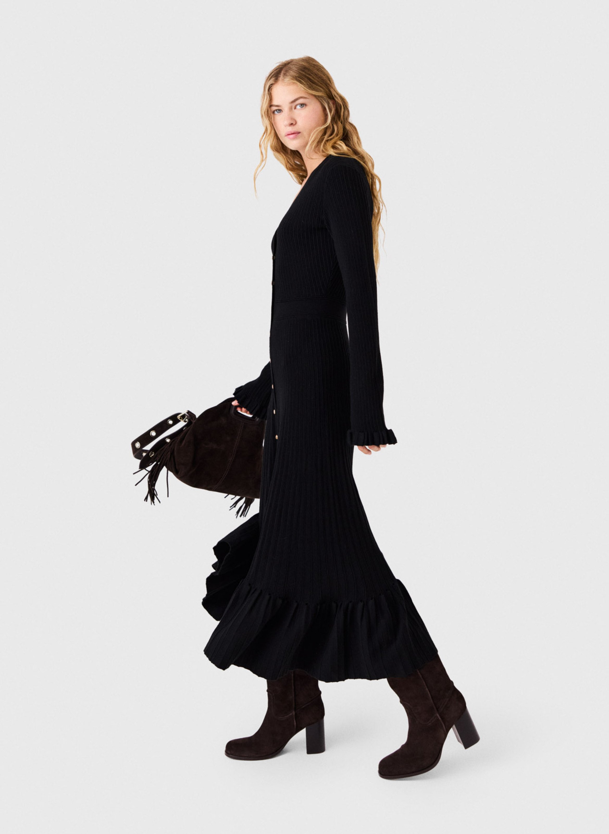 Flared Ribbed Maxi Dress MAJE Black