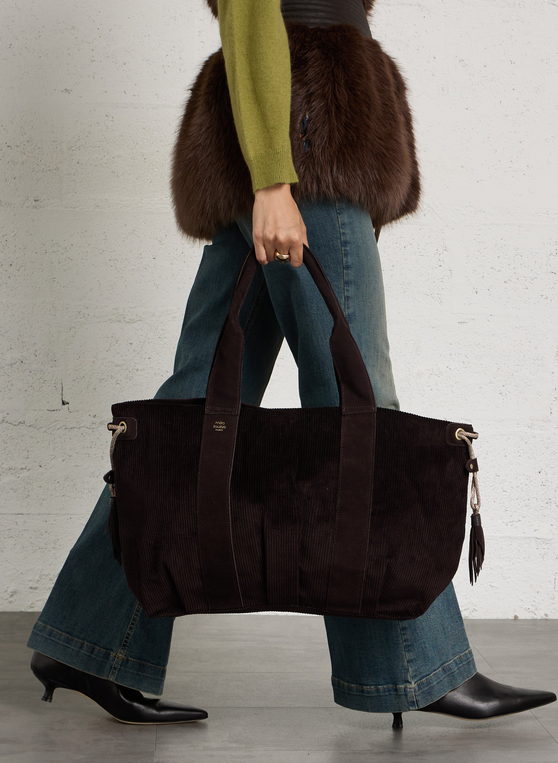 Gestreepte shopper van gemengd leer MILA LOUISE Bruin