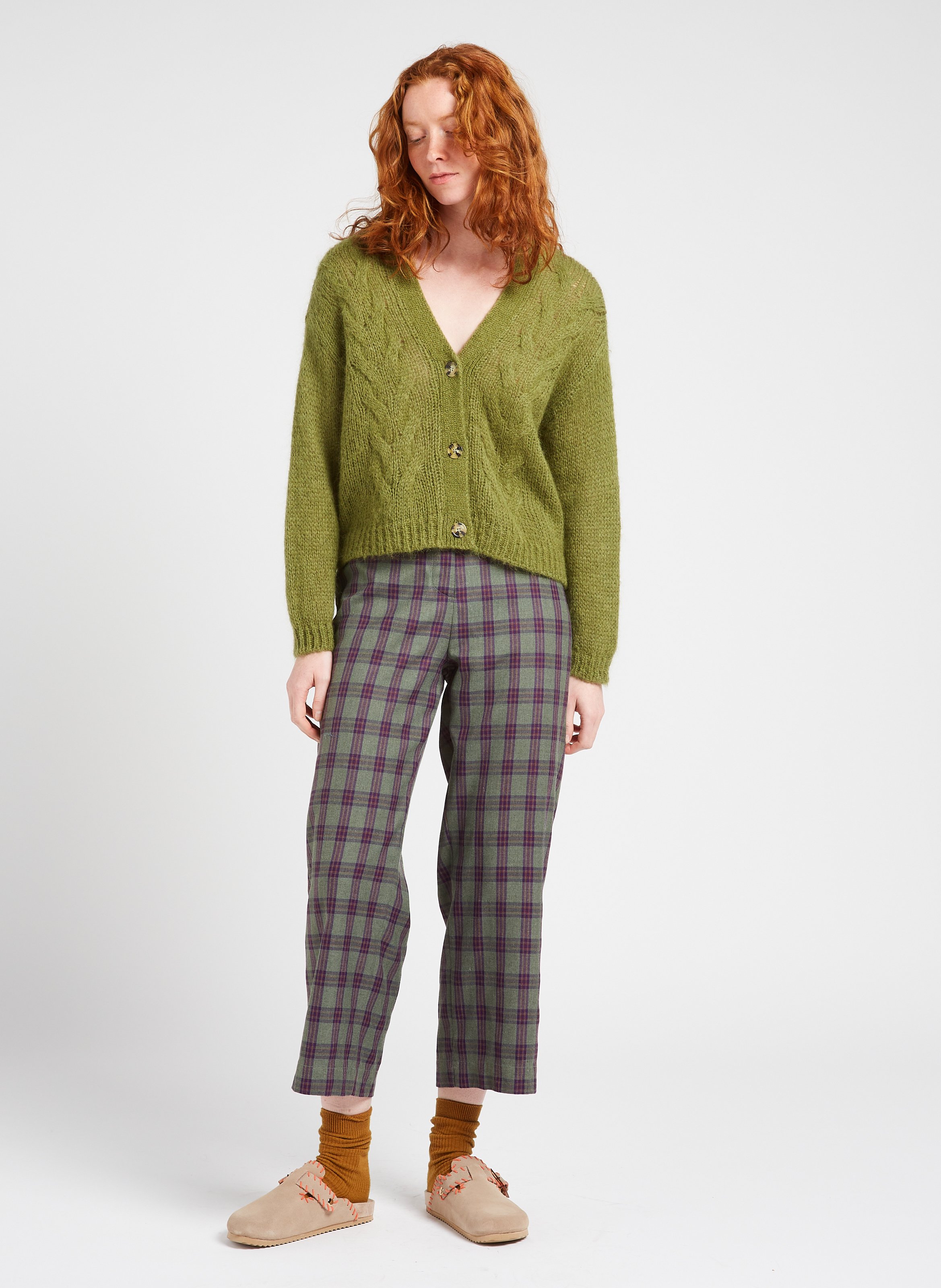 Cardigan col V en laine mélangée Kaki