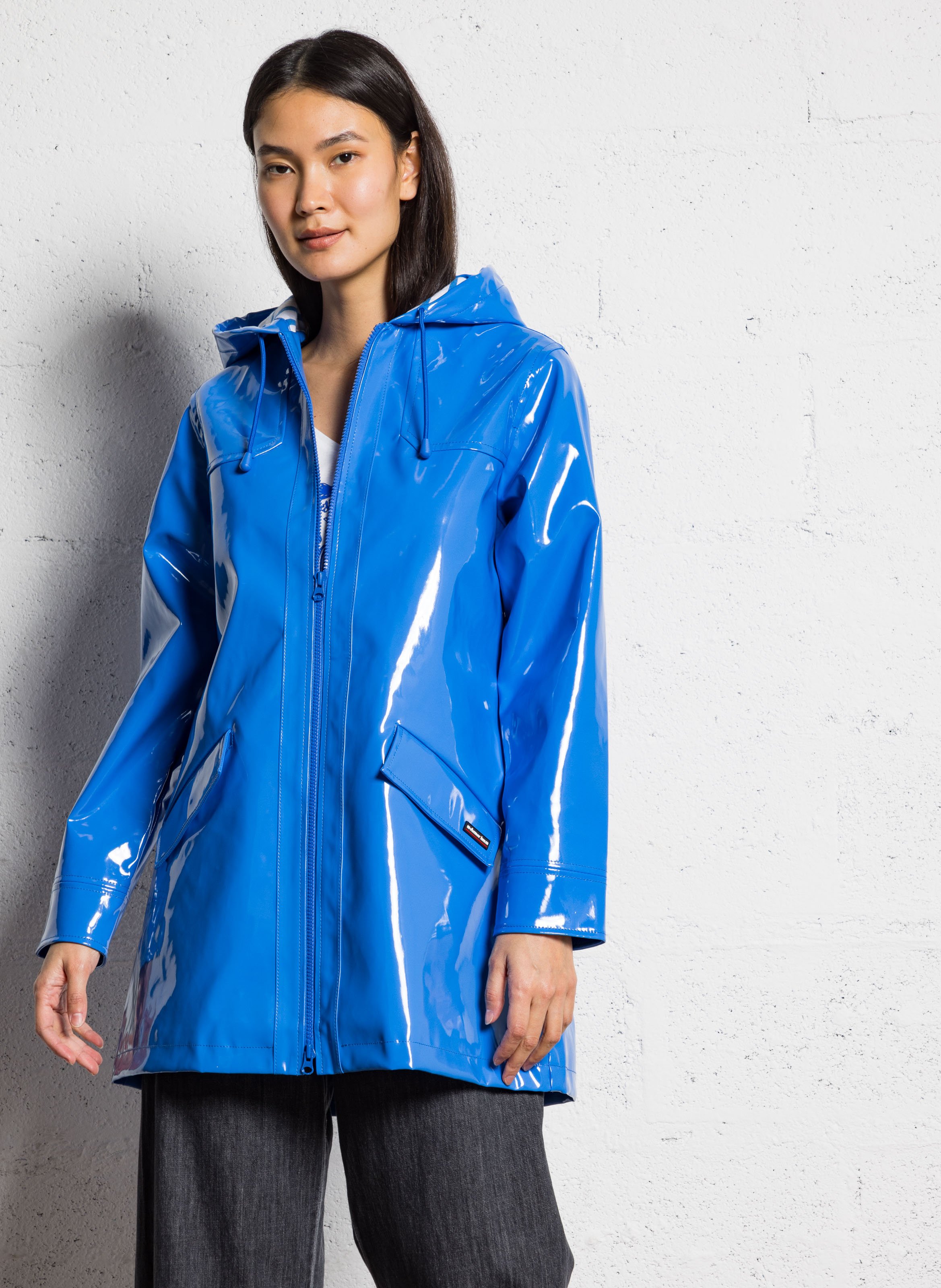 Rainwear Regenmantel Lack Damen Lack-regenmantel Mit Kapuze Blue