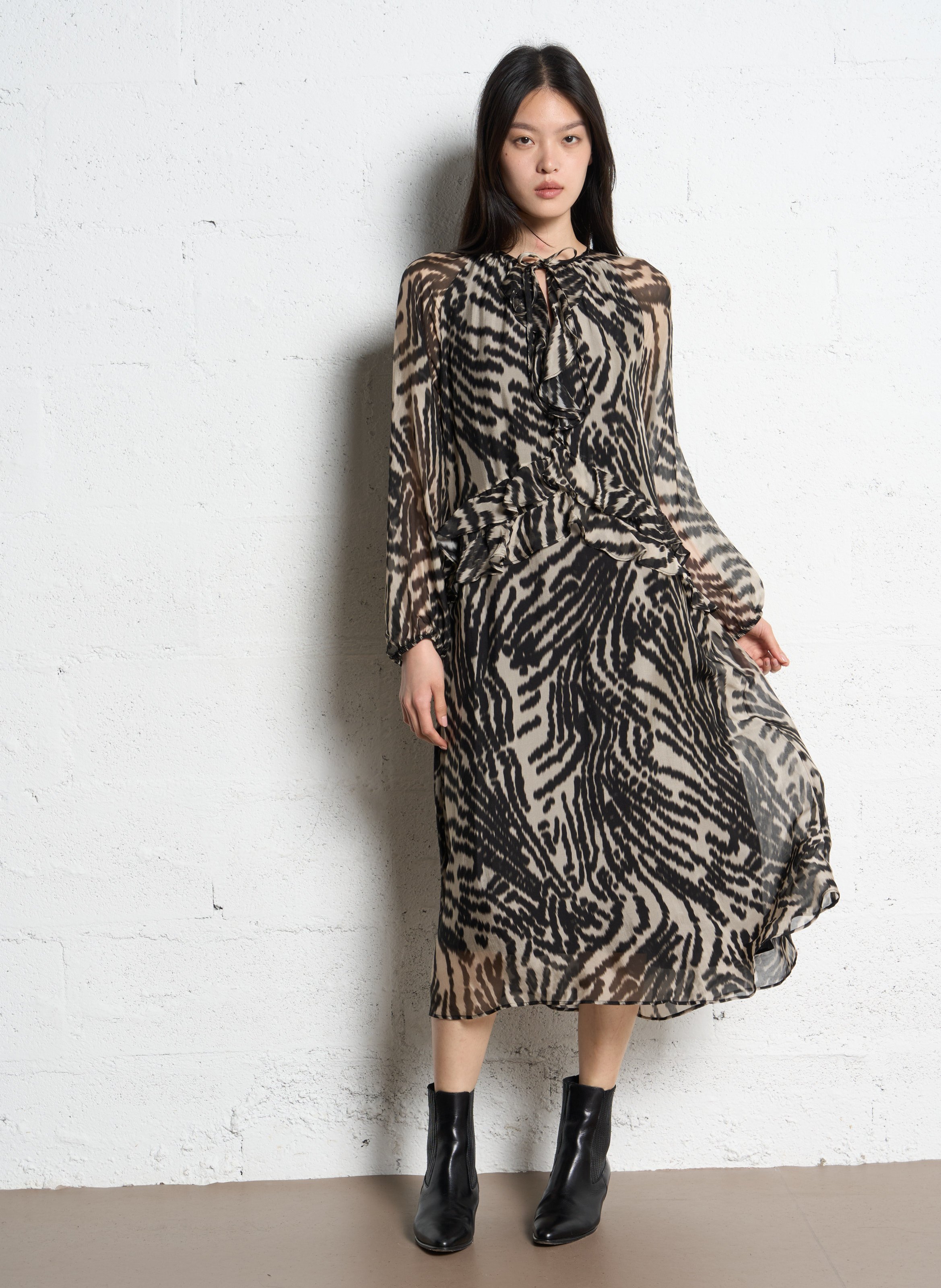 Printed v-neck midi dress IKKS Black