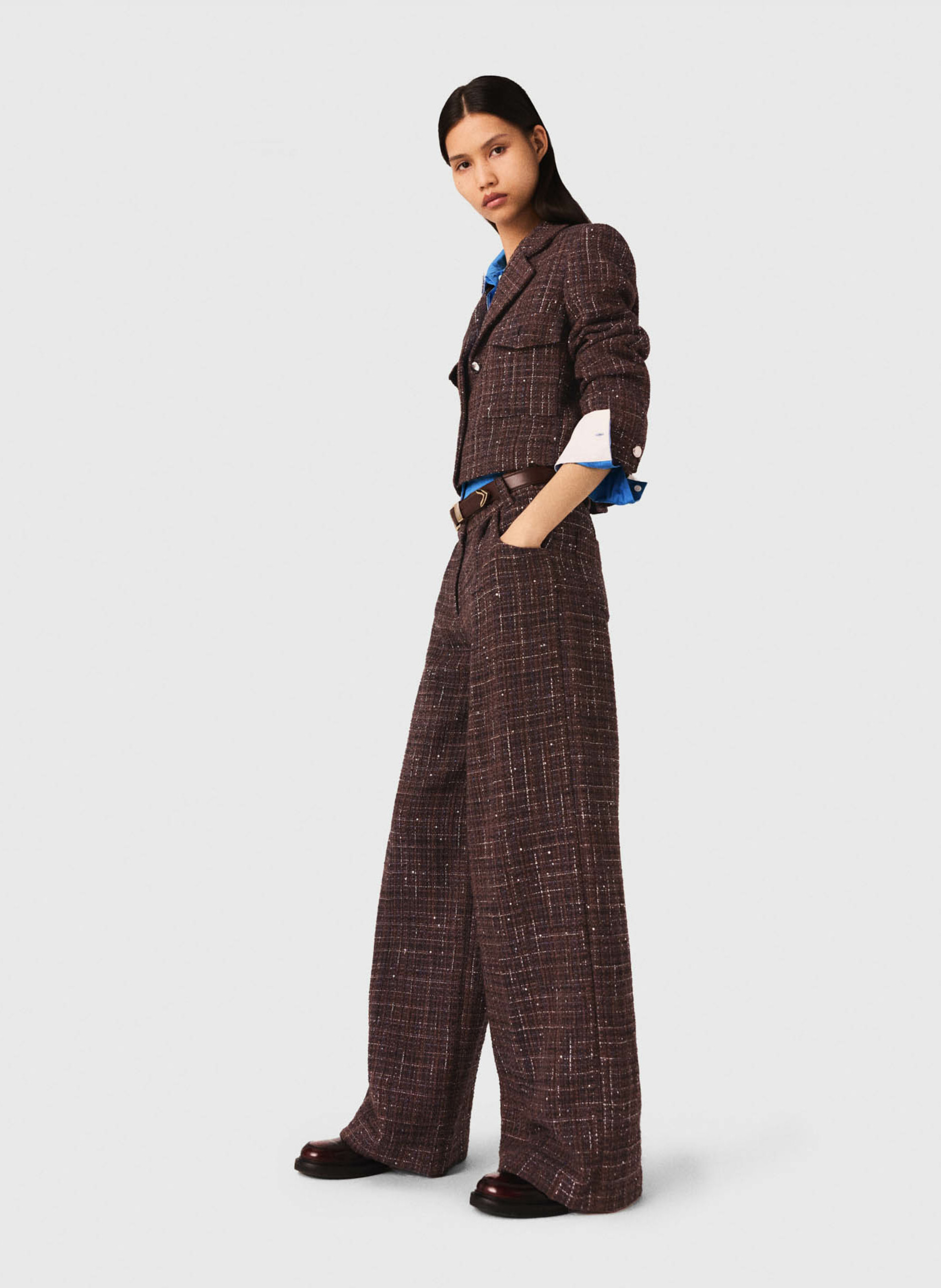 Pantalon droit taille haute en tweed MAJE Marron