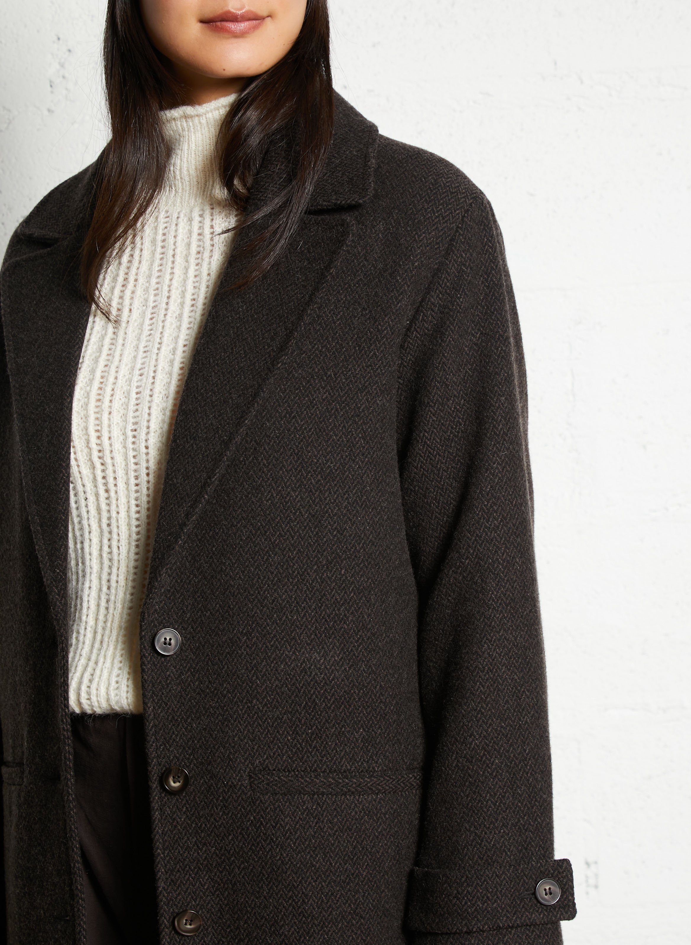 Straight coat in printed mixed wool I CODE Brown