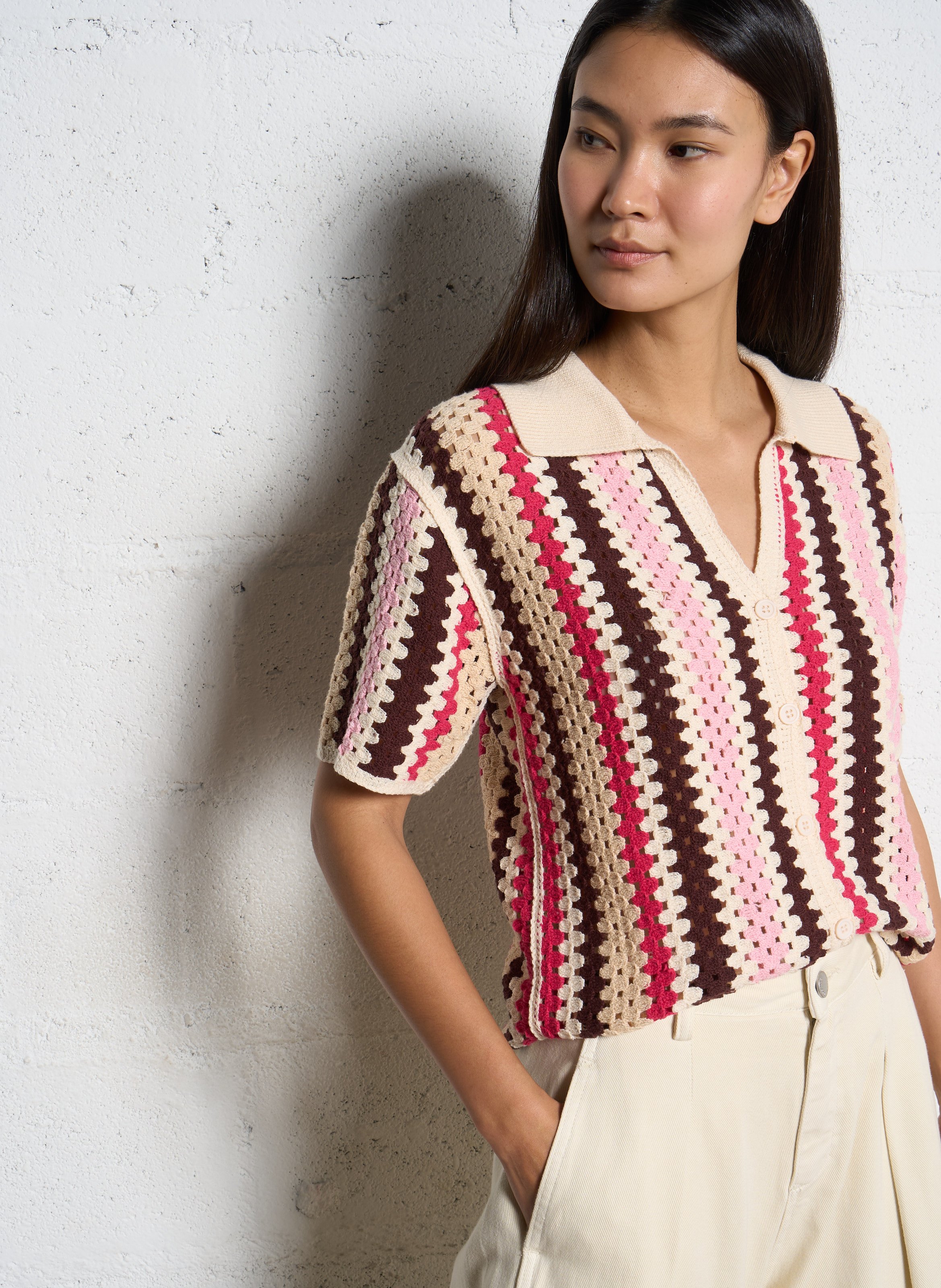 Gilet droit en crochet imprimé SUNCOO Rose