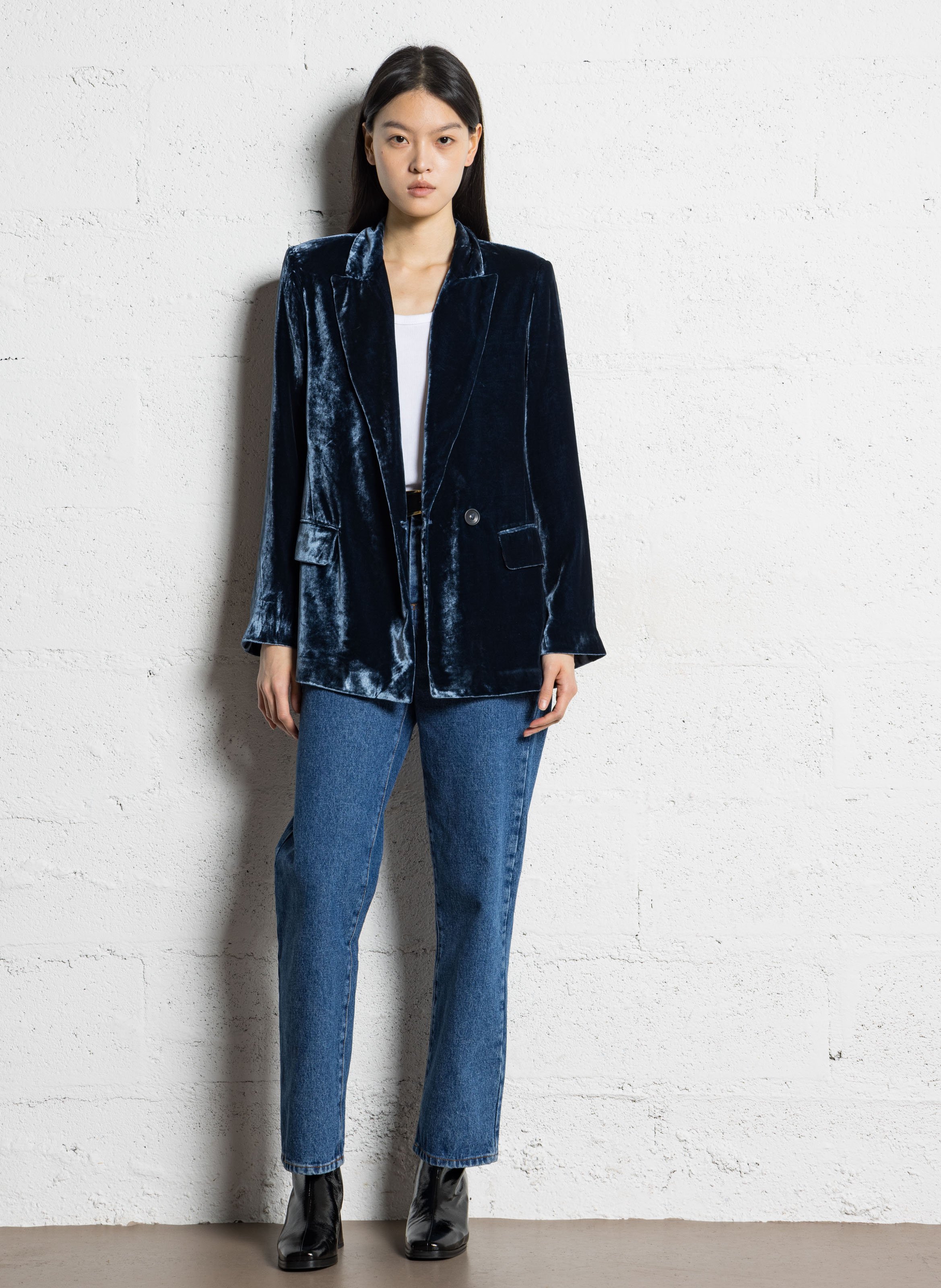 Veste ajustée col tailleur en velours DIEGA Bleu