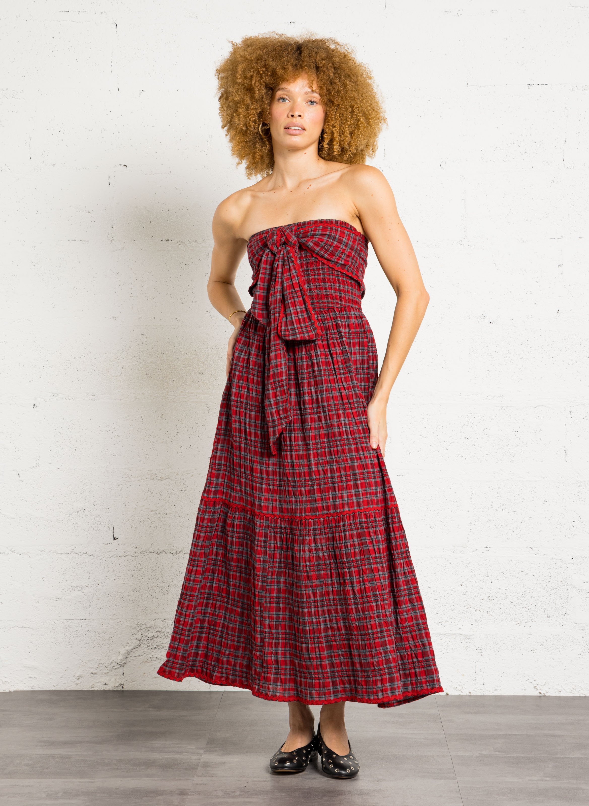 Langes kariertes Bio-Baumwollkleid DAMSON MADDER Rot